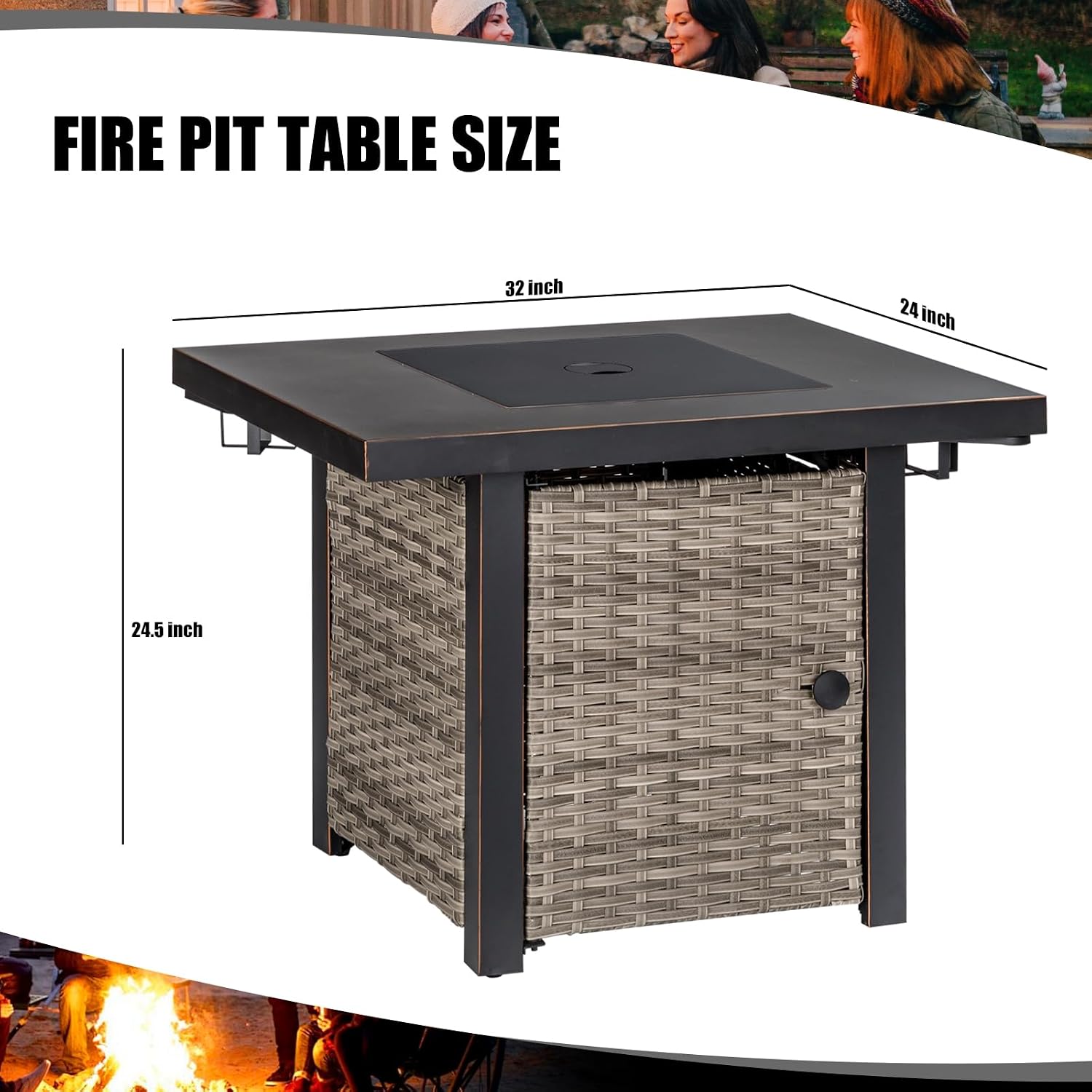 OutVue 32 Inch Propane Fire Pit Table, Outdoor Gas Fire Pits with 2 Drink Holders, Lid & Lava Rock, 50000 BTU Firepit Table for Dinning, Party in Outside, Patio, Garden or Yard