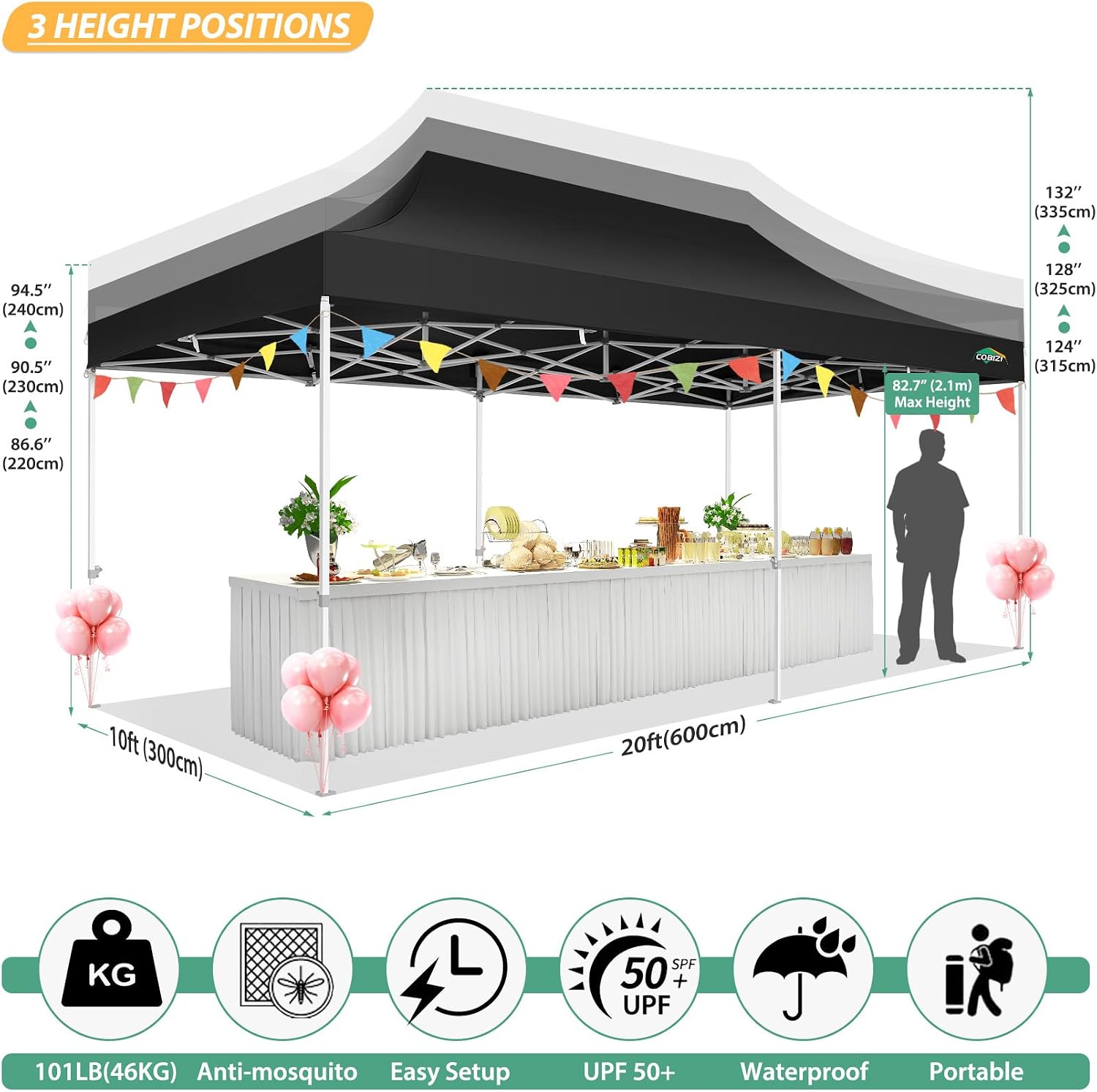 COBIZI 10x20 Heavy Duty Pop up Canopy with 6 Sidewalls, Canopy Tent with Mosquito Netting, Easy up Screen Party Tent for Parties Wedding Outdoor Patio Commercial Gazebo with Roller Bag, Black