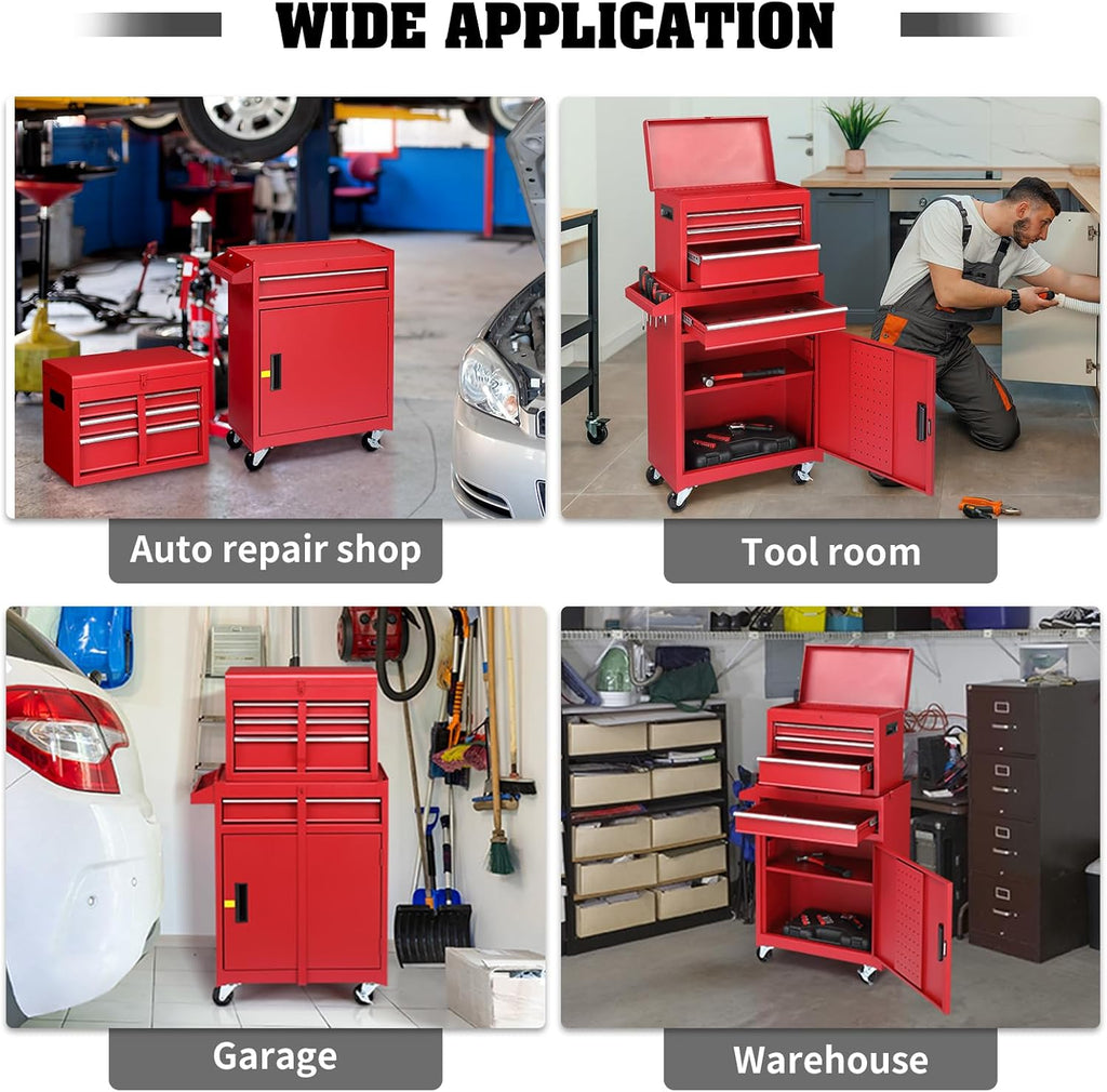 Winado 4-Drawer Rolling Tool Chest with Wheels & Lock, Tool Box with Large Storage Cabinet and Adjustable Shelf, Removable Portable Top Box for Garage, Warehouse, Factory (Red)