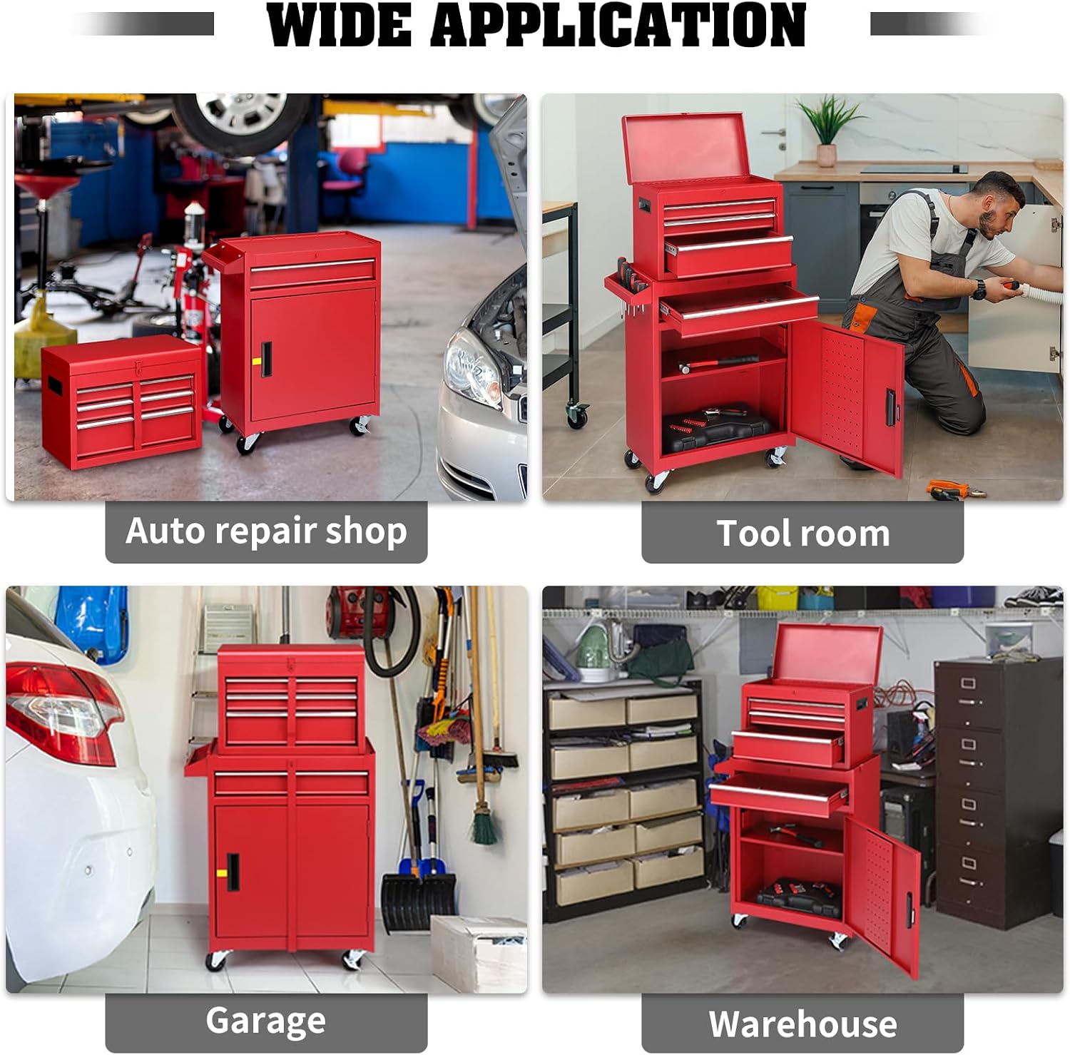 Winado 4-Drawer Rolling Tool Chest with Wheels & Lock, Tool Box with Large Storage Cabinet and Adjustable Shelf, Removable Portable Top Box for Garage, Warehouse, Factory (Red)
