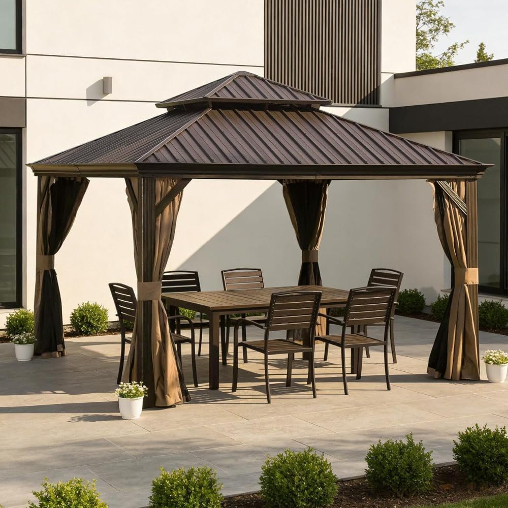 13x13FT Outdoor Gazebo Hardtop, Galvanized Steel Double Roof Metal Gazebo with Drainage System, Includes Privacy Curtains & Netting, Patio Pergola for Backyard Deck Garden, Brown