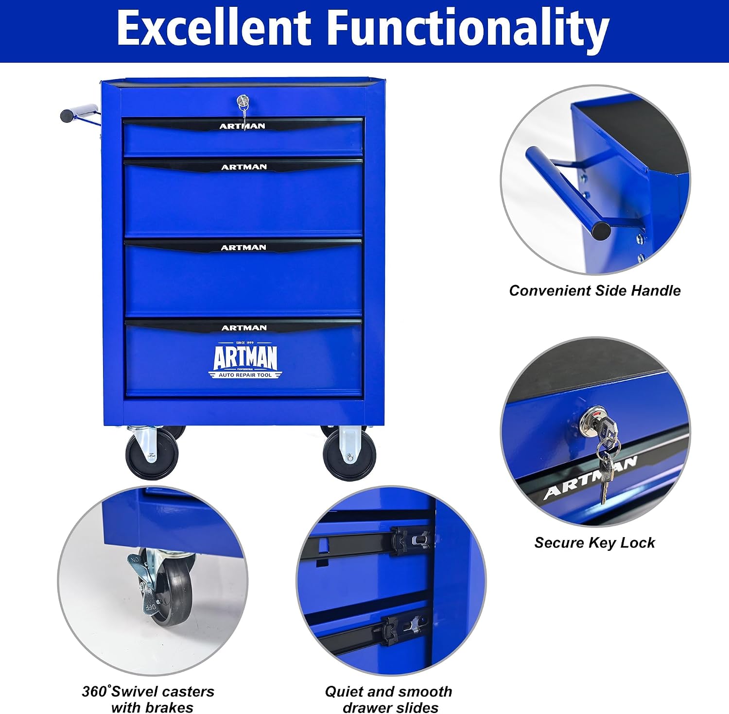 4 Drawers Tool Cart on Wheels, Multifunctional Rolling Tool Chest, Drawers Mobile Trolley Organizer Heavy Duty Tools Box with Locking Wheels & Ball Bearing Drawers (Blue, 4 Drawers)