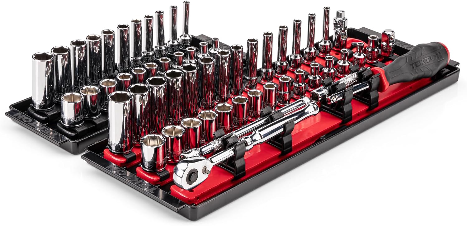 TEKTON 1/4 Inch Drive 6-Point Socket and Ratchet Set with Rails and Trays, 57-Piece (5/32-9/16 in., 4-15 mm) | SKT03301