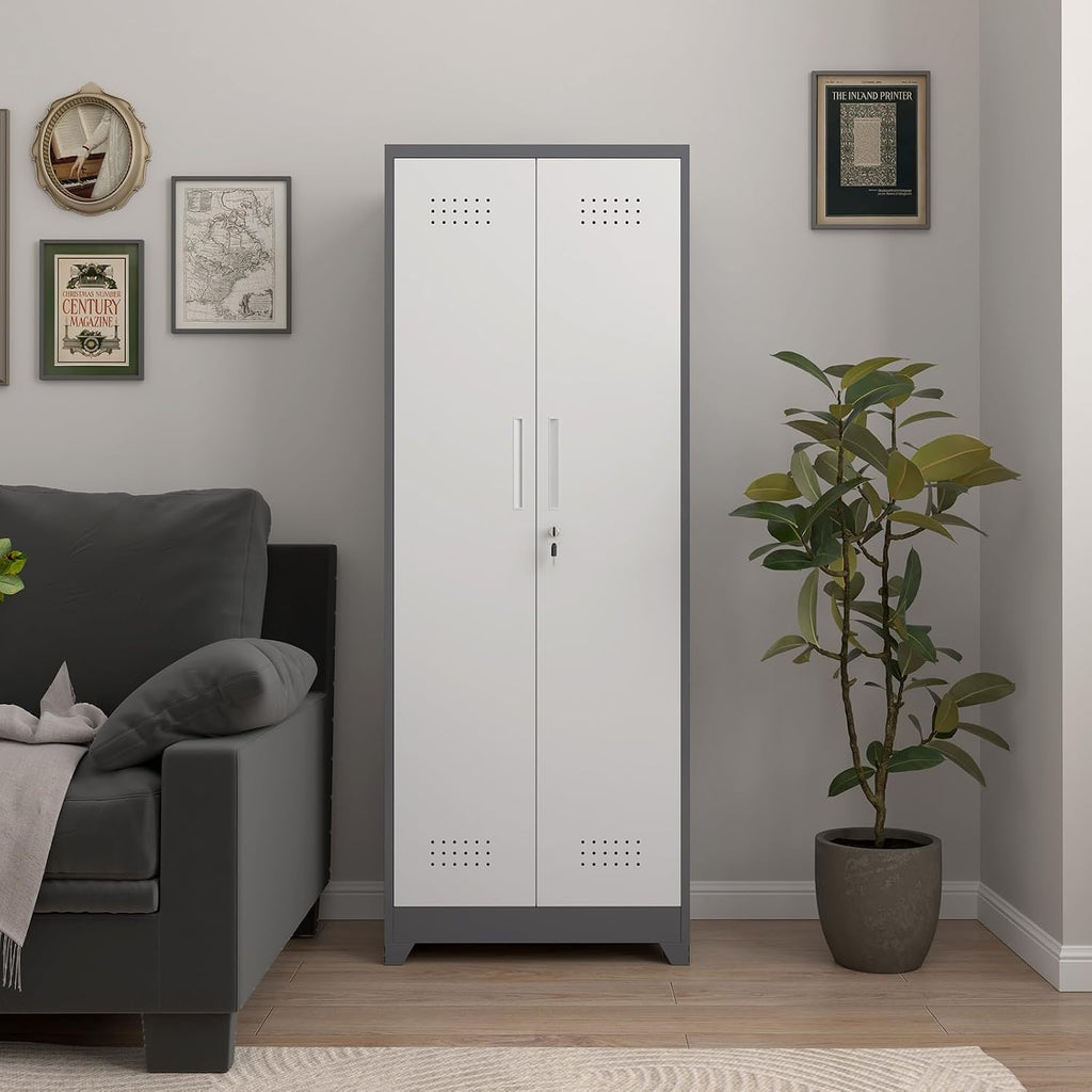 65' H Metal Garage Storage Cabinets with Doors and Shelves, Locking Cabinet, Broom Closet Storage Cabinets with Hanging Rod, Functional Tool Cabinet for Home, Garage, Kitchen
