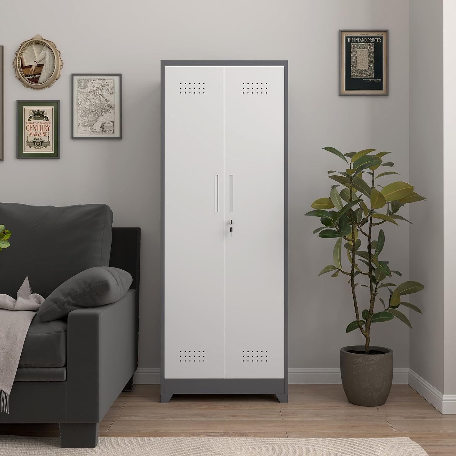 65' H Metal Garage Storage Cabinets with Doors and Shelves, Locking Cabinet, Broom Closet Storage Cabinets with Hanging Rod, Functional Tool Cabinet for Home, Garage, Kitchen