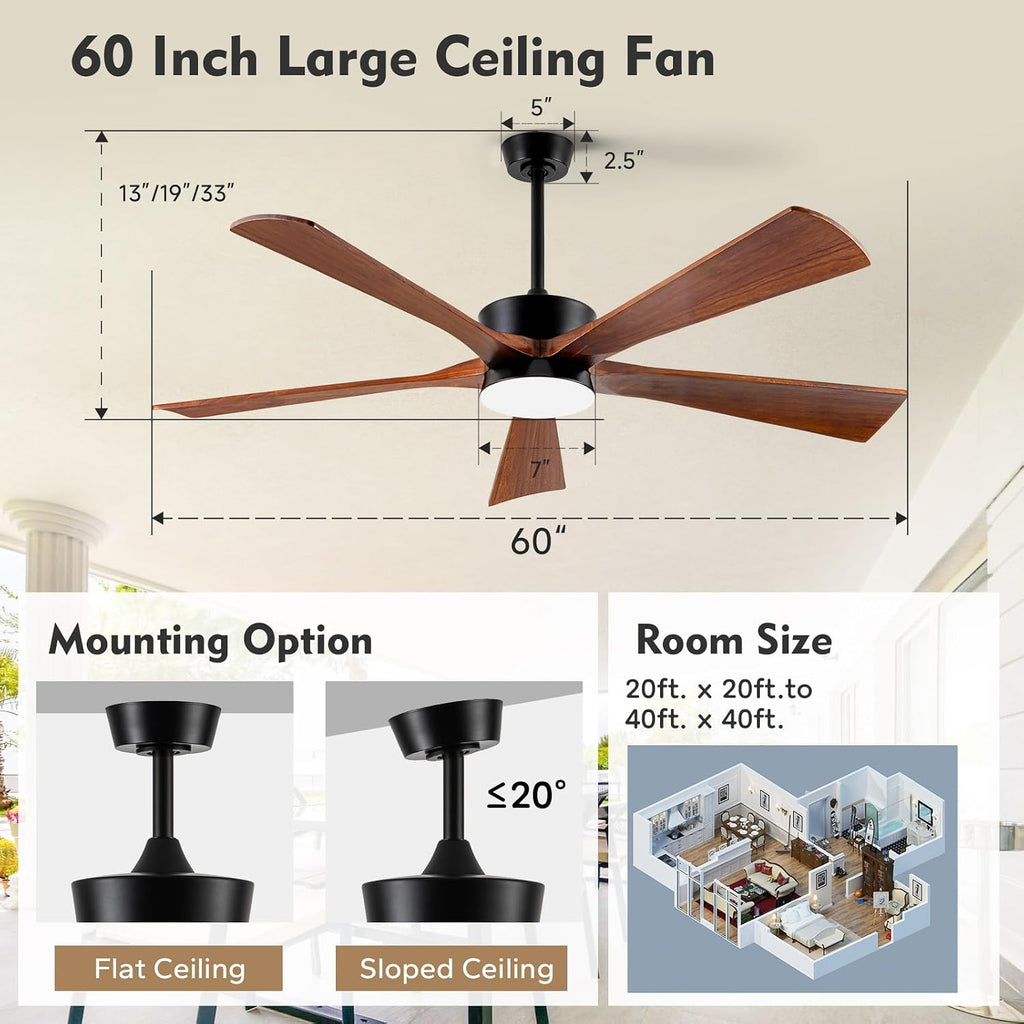60 Inch Outdoor Ceiling Fans with Light, Rustic Farmhouse Solid Wood Ceiling Fan with Light Quiet Large Airflow DC Motor, Damp Rated Indoor Exterior Ceiling Fan for Patios Porch Gazebo Bedroom Office