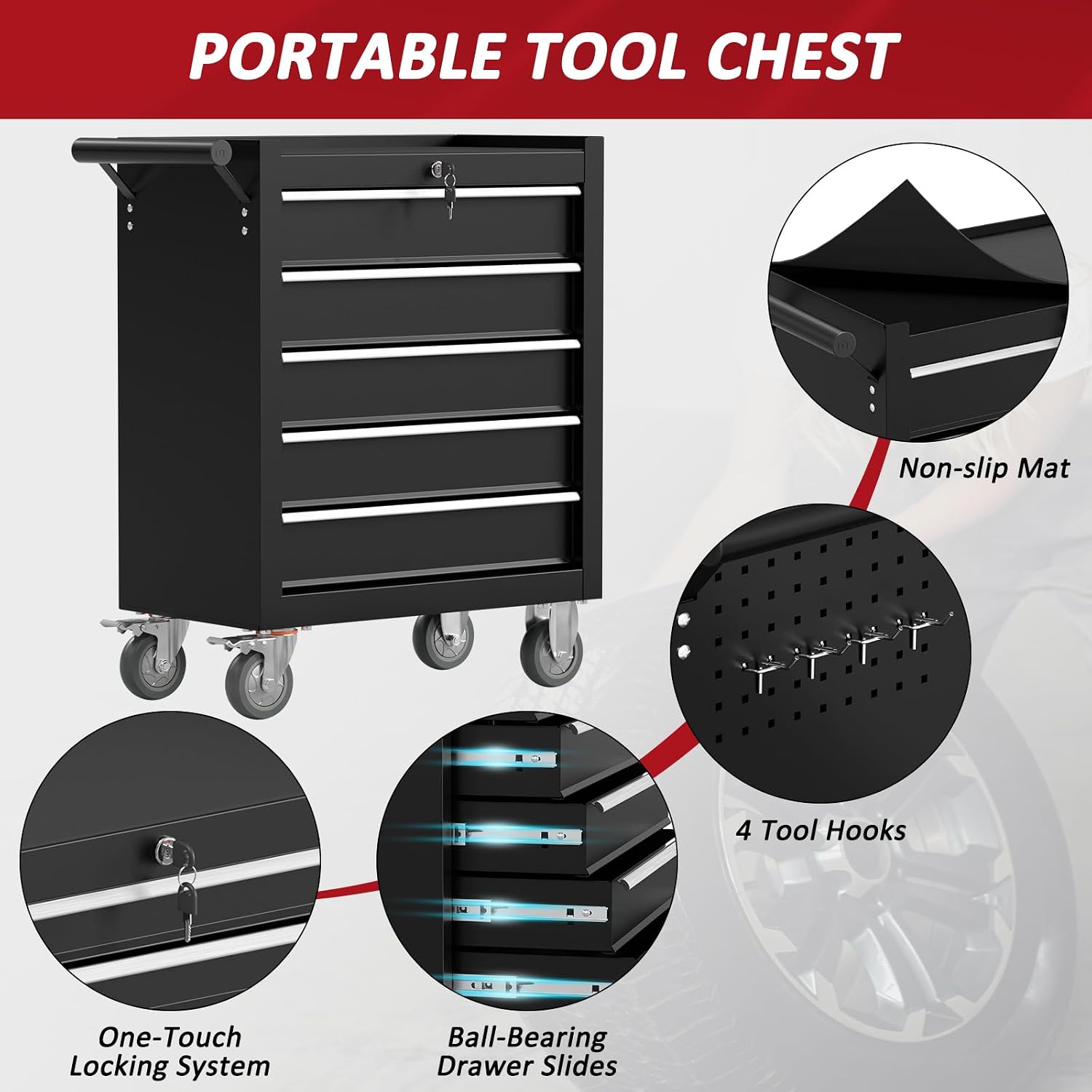 5 Drawers Rolling Tool Chest with Wheels, Portable Rolling Tool Boxes with Wheels, Tool Box Storage Cabinet with Locking System for Garage (Blue, 5 Drawers)