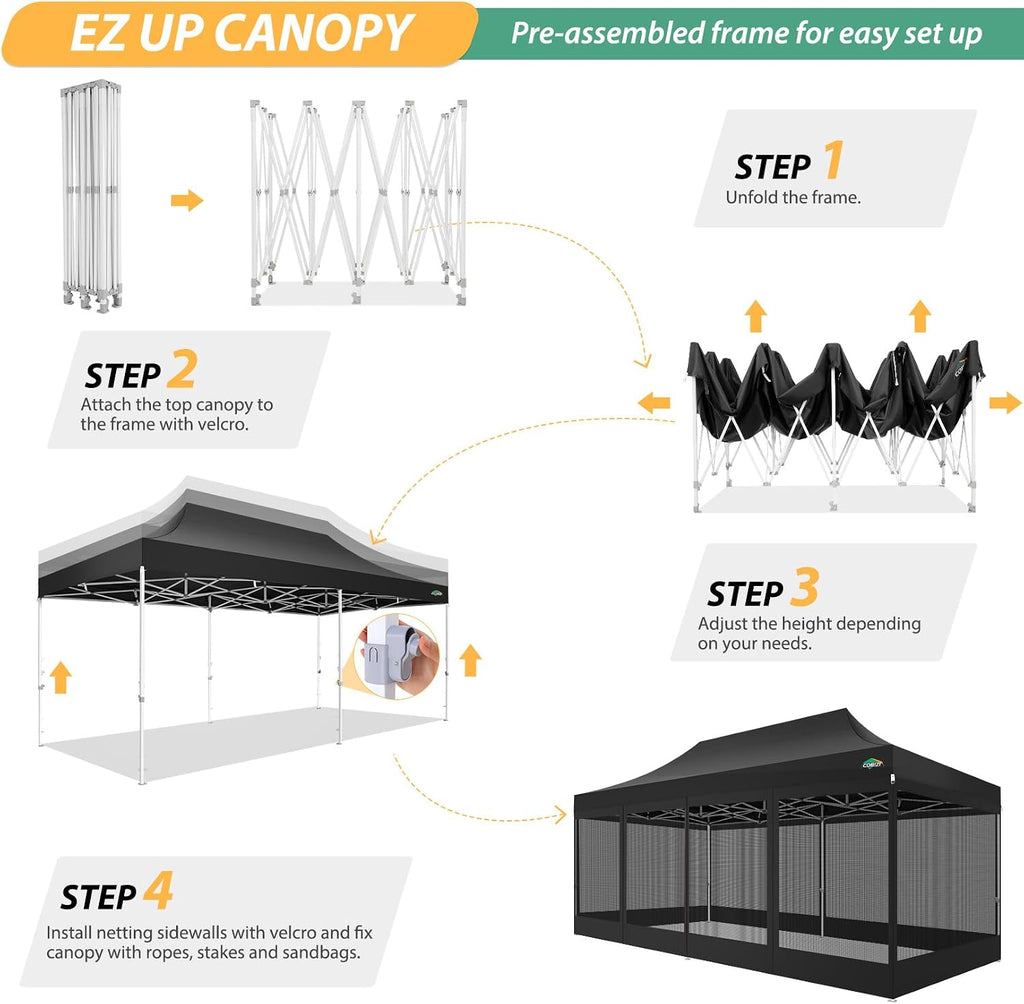 COBIZI 10x20 Heavy Duty Pop up Canopy with 6 Sidewalls, Canopy Tent with Mosquito Netting, Easy up Screen Party Tent for Parties Wedding Outdoor Patio Commercial Gazebo with Roller Bag, Black