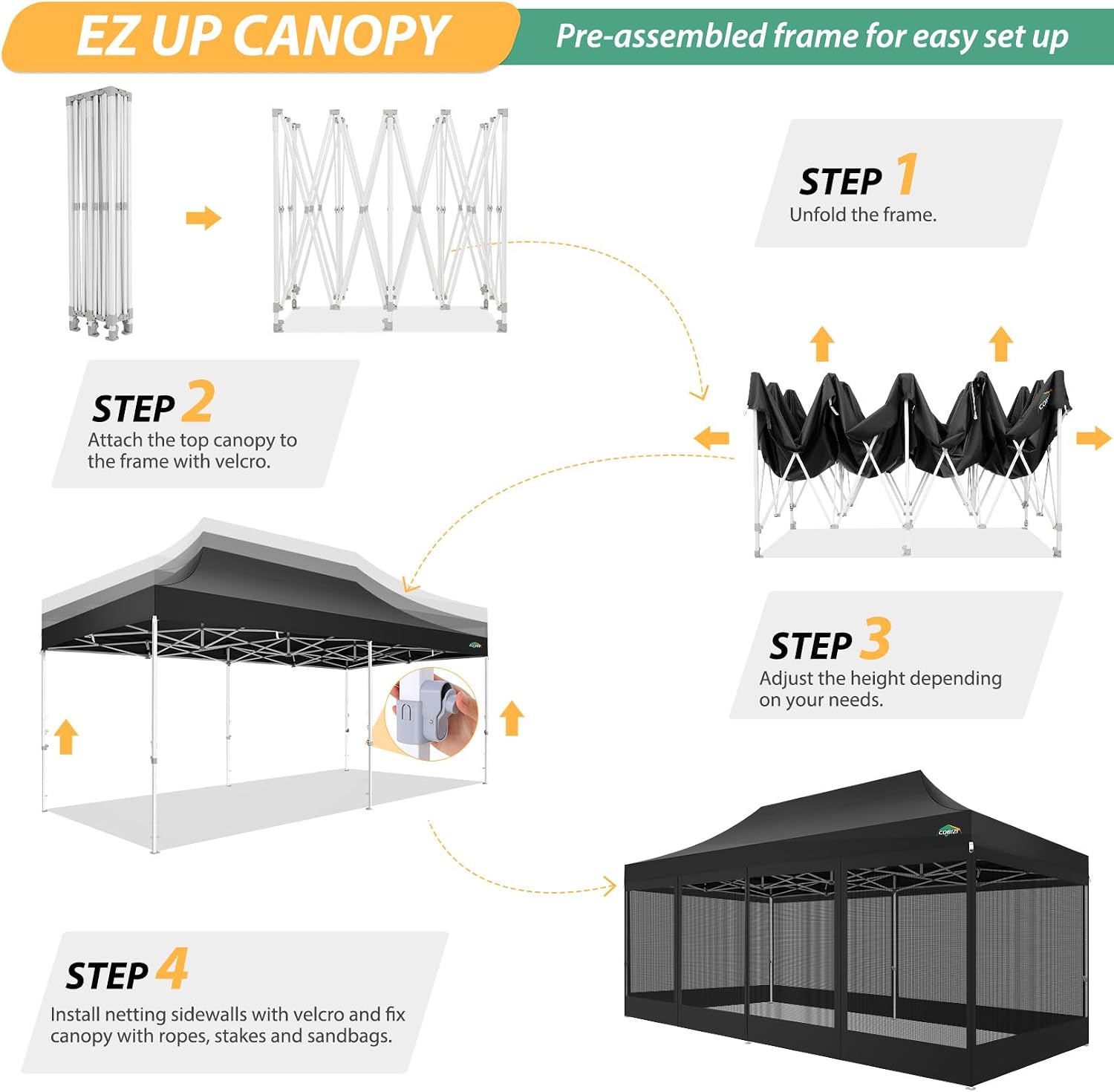COBIZI 10x20 Heavy Duty Pop up Canopy with 6 Sidewalls, Canopy Tent with Mosquito Netting, Easy up Screen Party Tent for Parties Wedding Outdoor Patio Commercial Gazebo with Roller Bag, Black
