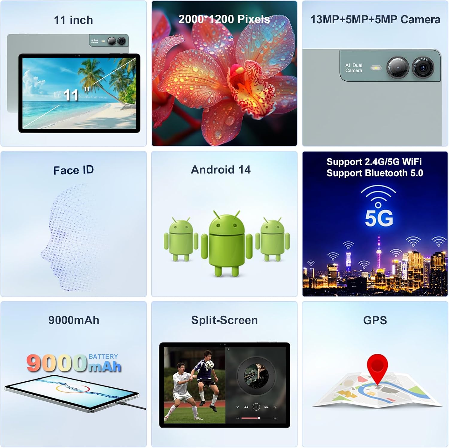 2026 Latest 11 inch Android Tablet, 18GB RAM, 128GB ROM, 1TB Expand, 2K Display, T616 Octa-Core, 5G WiFi, 13MP+5MP+5MP Camera, GPS, 9000mAh, Tablet with Case/Keyboard/Pen, Quad Speakers