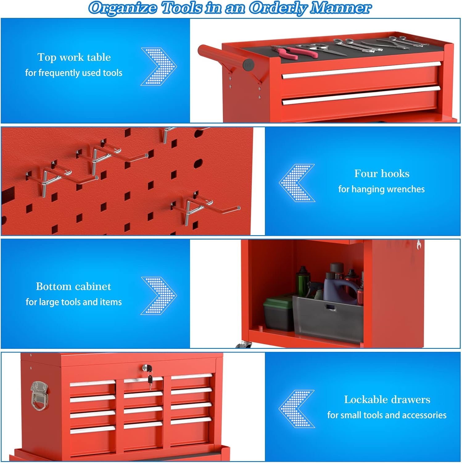 Go Big 8-Drawers Tool Chest Tool Box, Rolling Tool Chest with Wheels, Rolling Tool Box with Wheels, Garage Tool Storage Cabinet on Wheels, Locking System Toolbox(Red)