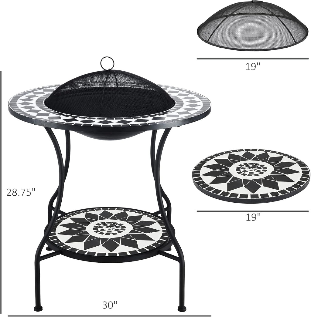 Outsunny 30' Outdoor Fire Pit Dining Table, 3-in-1 Round Wood Burning Fire Pit Bowl, Patio Ice Bucket with Storage Shelf, Spark Screen Cover for BBQ, Bonfire, Camping, Mosaic