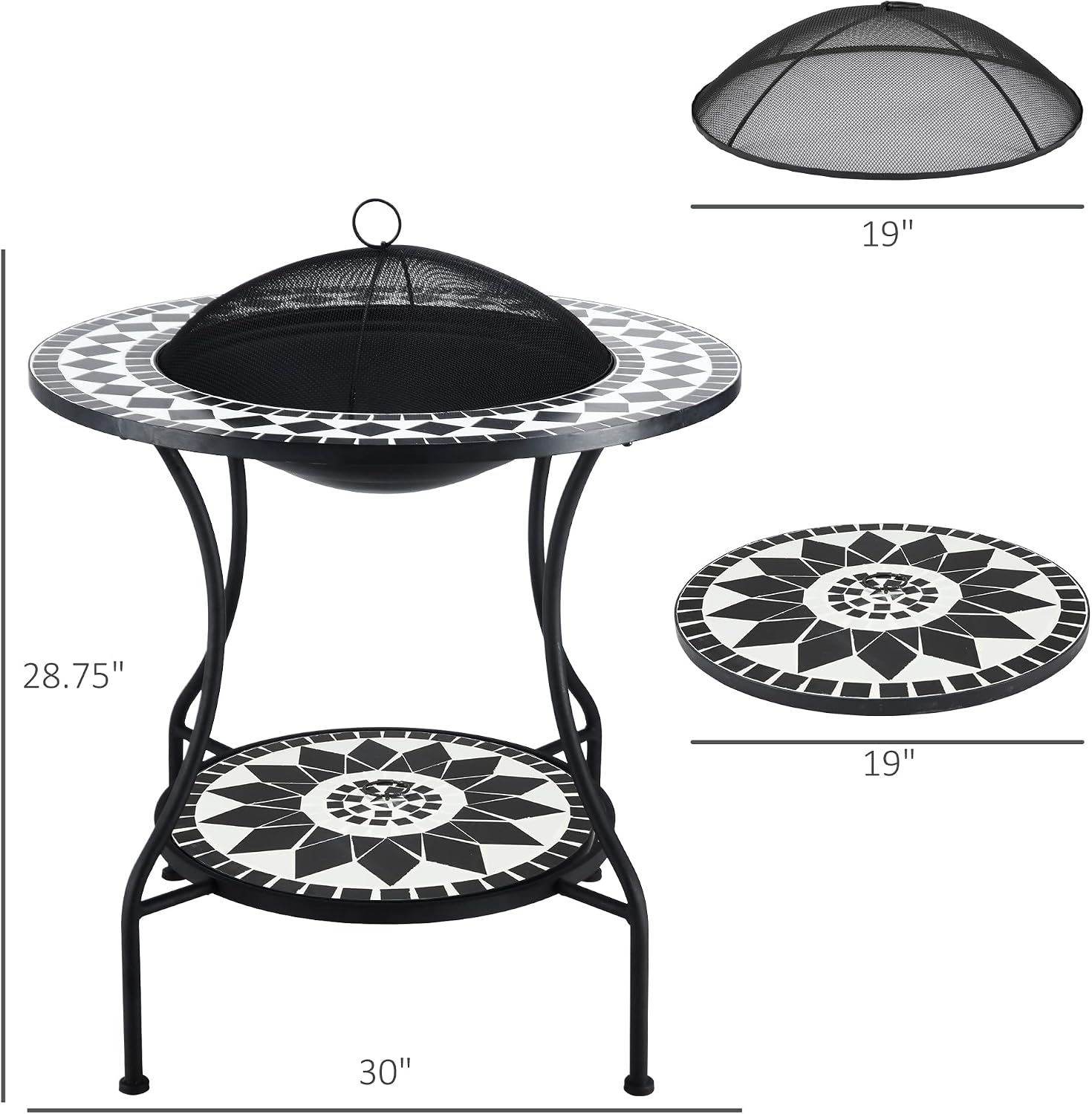 Outsunny 30' Outdoor Fire Pit Dining Table, 3-in-1 Round Wood Burning Fire Pit Bowl, Patio Ice Bucket with Storage Shelf, Spark Screen Cover for BBQ, Bonfire, Camping, Mosaic