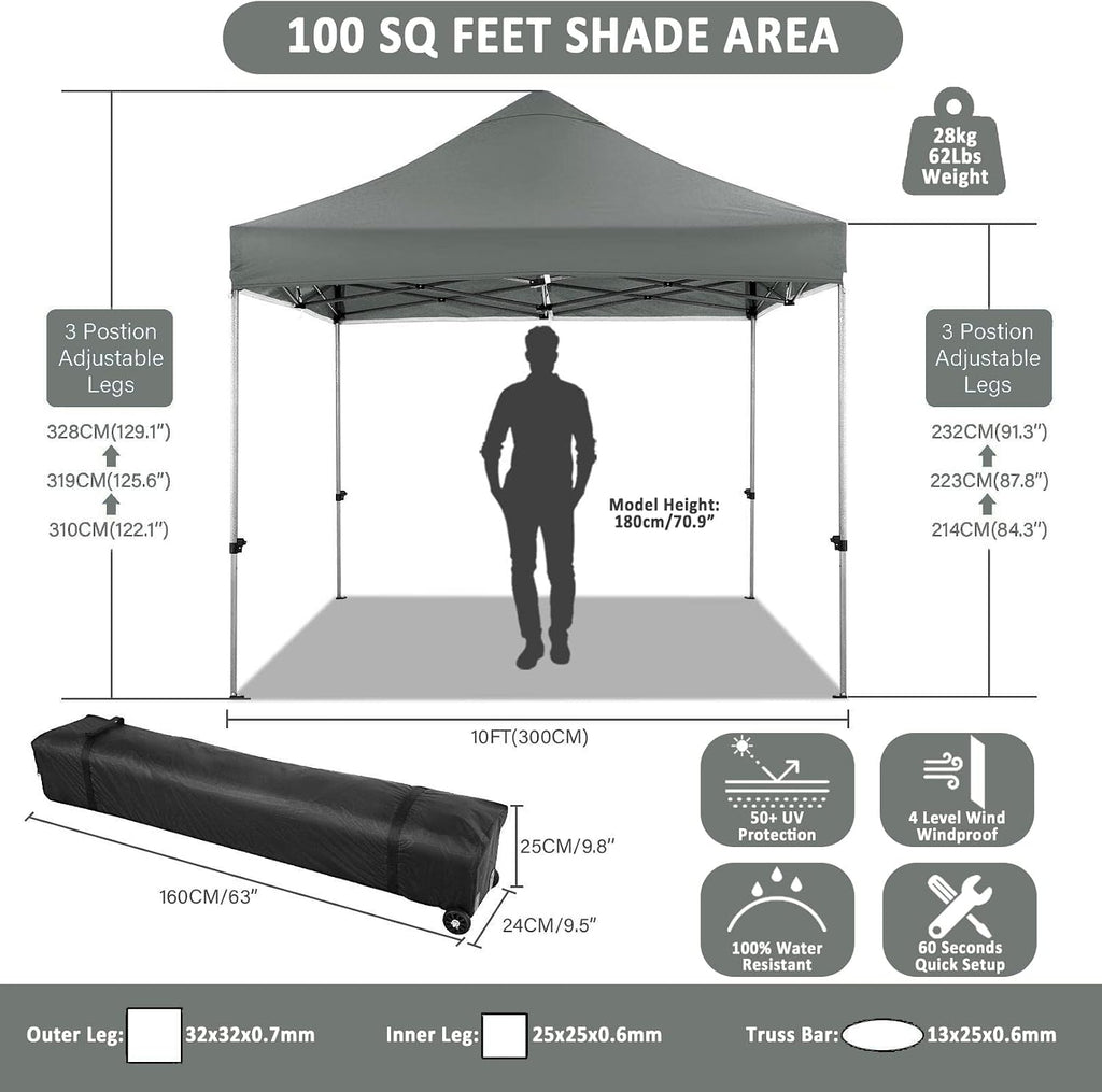 COBIZI 10x10 Pop Up Canopy Tent 10x10 Canopy with 4 Sidewalls Waterproof Heavy Duty Commercial Canopy Tent for Parties Outdoor Garden Gazebo, Carry Bag with Wheel(10x10ft, Gray)