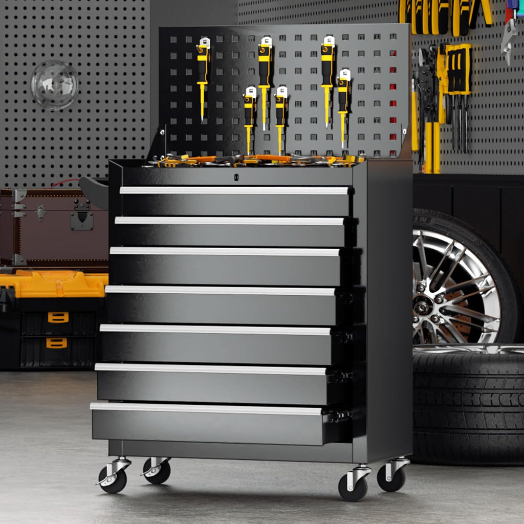 INTERGREAT 7 Drawers Rolling Tool Box with Pegboard,Portable Tool Chest with Wheels, Tool Box Organizer with Locking System for Garage(Black)