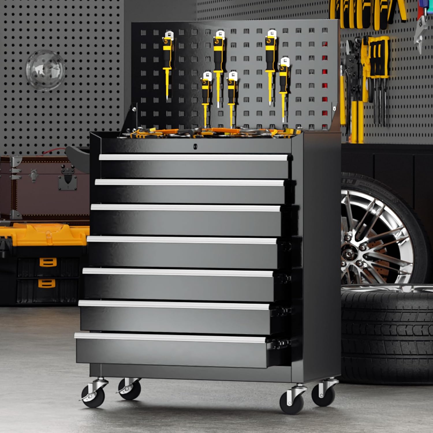 INTERGREAT 7 Drawers Rolling Tool Box with Pegboard,Portable Tool Chest with Wheels, Tool Box Organizer with Locking System for Garage(Black)
