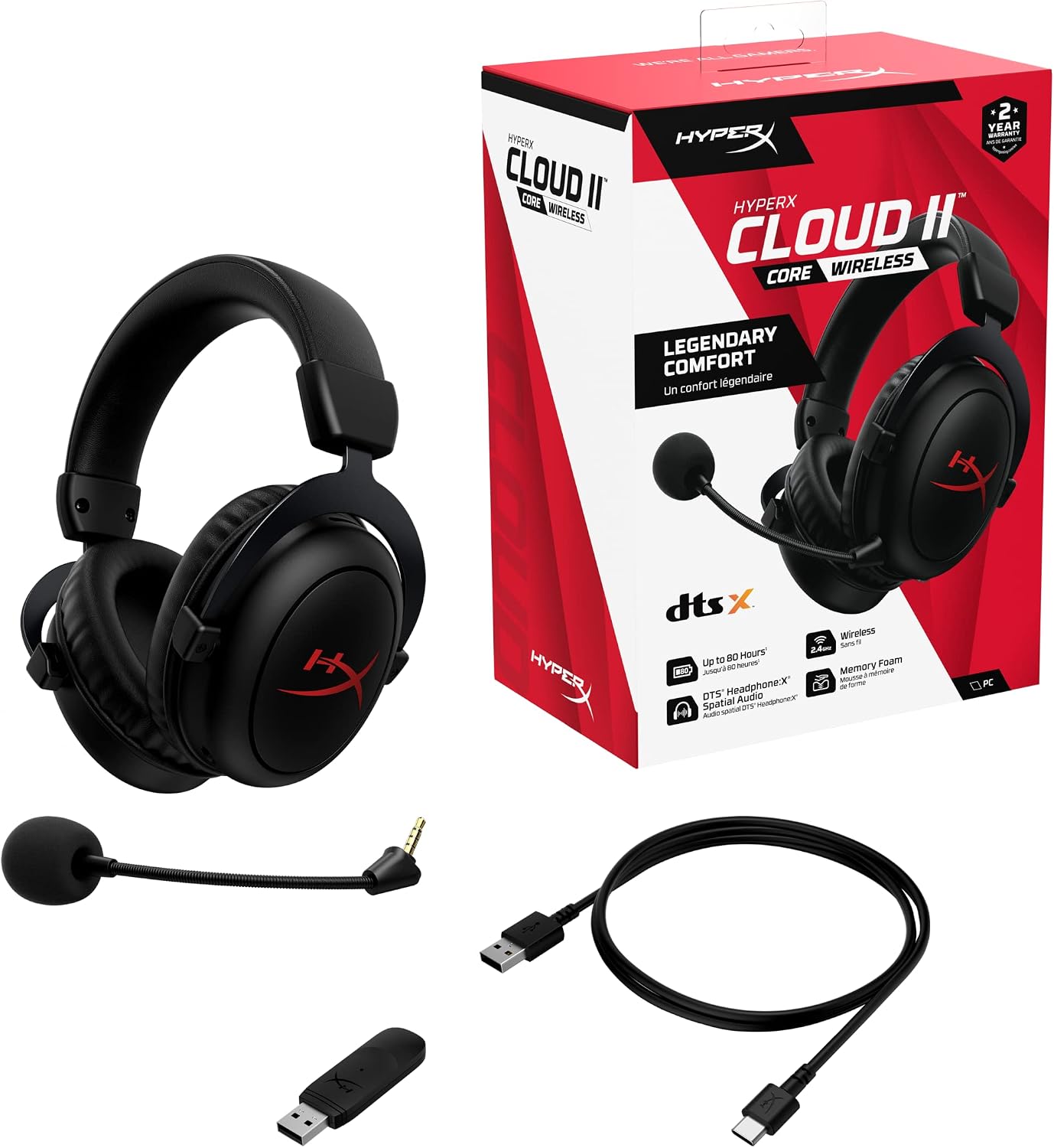 HyperX Cloud II Core Wireless - Gaming Headset for PC, DTS Headphone:X Spatial Audio, Memory Foam Ear Pads, Black