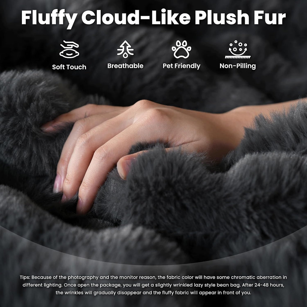 ovios Bean Bag Chair for Adult, Giant Beanbag with Plush Faux Fur, Comfy Large Big Lounger Floor Lazy Chair for Indoor Fireside Living Room Bedroom Dorm, Dark Grey