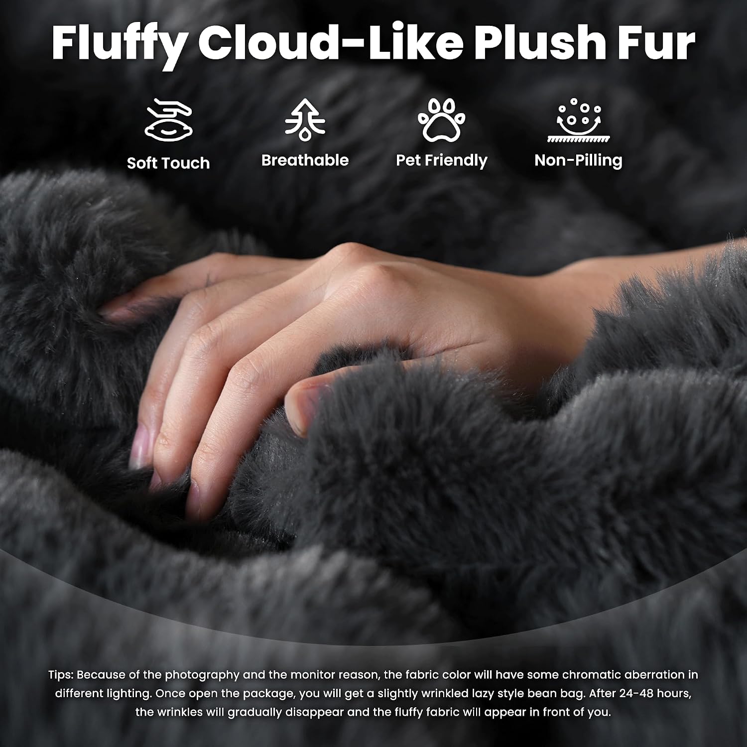 ovios Bean Bag Chair for Adult, Giant Beanbag with Plush Faux Fur, Comfy Large Big Lounger Floor Lazy Chair for Indoor Fireside Living Room Bedroom Dorm, Dark Grey
