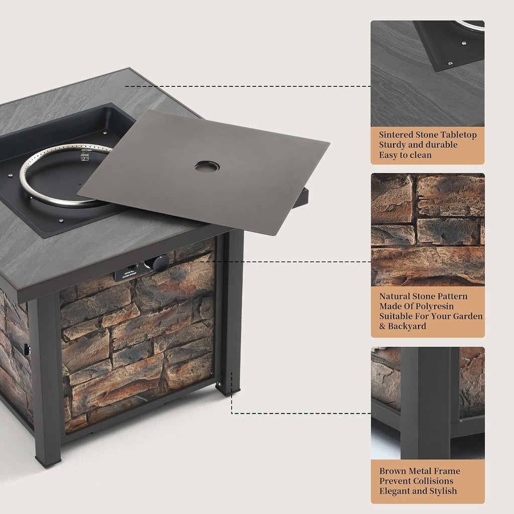 32'' Propane Fire Pit Table for Outdoor, Sintered Stone Tabletop & Polyresin Stone-Look Panel, 50000 BTU Gas Fire Pit Table for Outside Patio and Garden, with Lava Rock & Metal Lid