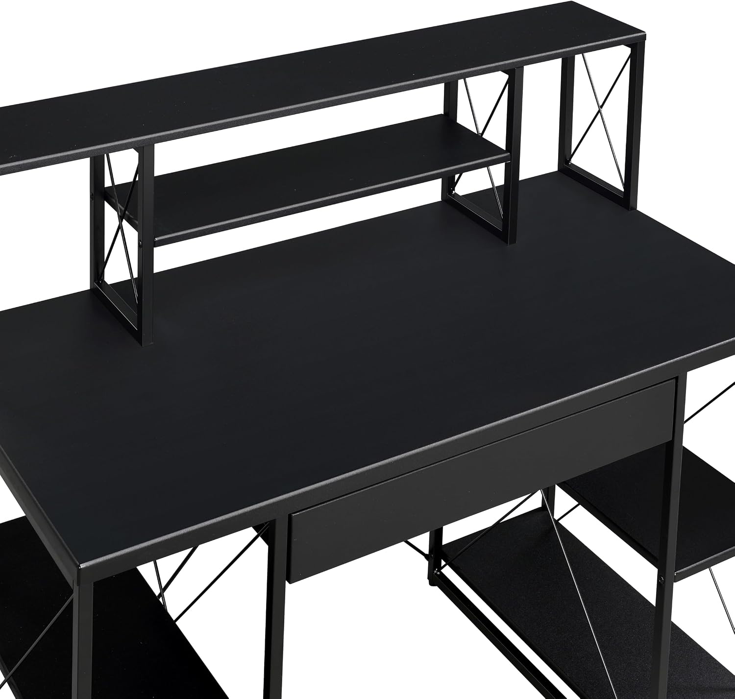 Modern Computer Desk with Hutch and Open Shelves, Foldable Adjustable Portable Gaming Study Desk Table with Wheels for Bedroom Office Student Sturdy Furniture,Black-Wood