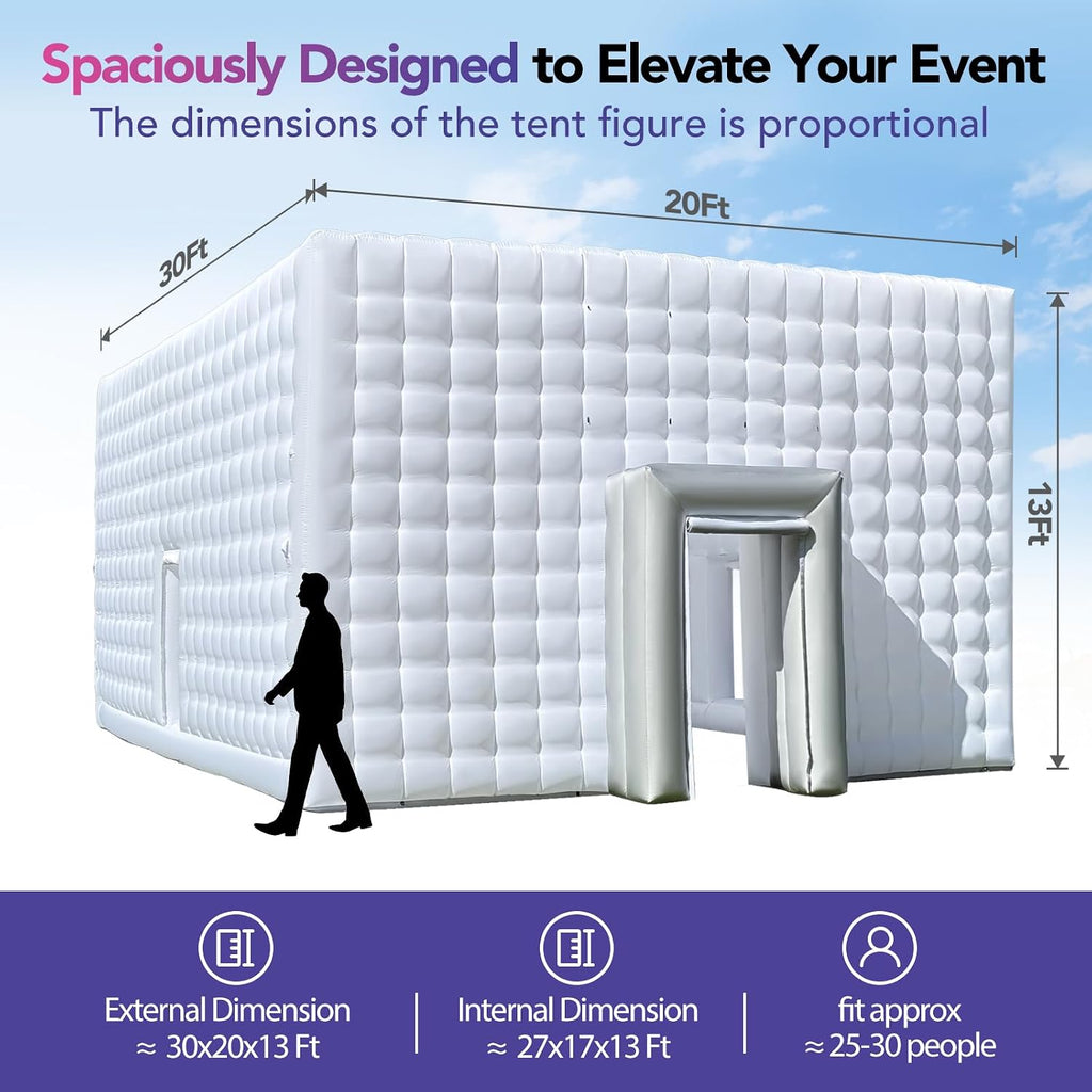 Giant 30x20x13' Inflatable Nightclub with Blower, Inflatable Outdoor Party Tent for Parties, Corporate Events, Festivals, and Special Gatherings - White