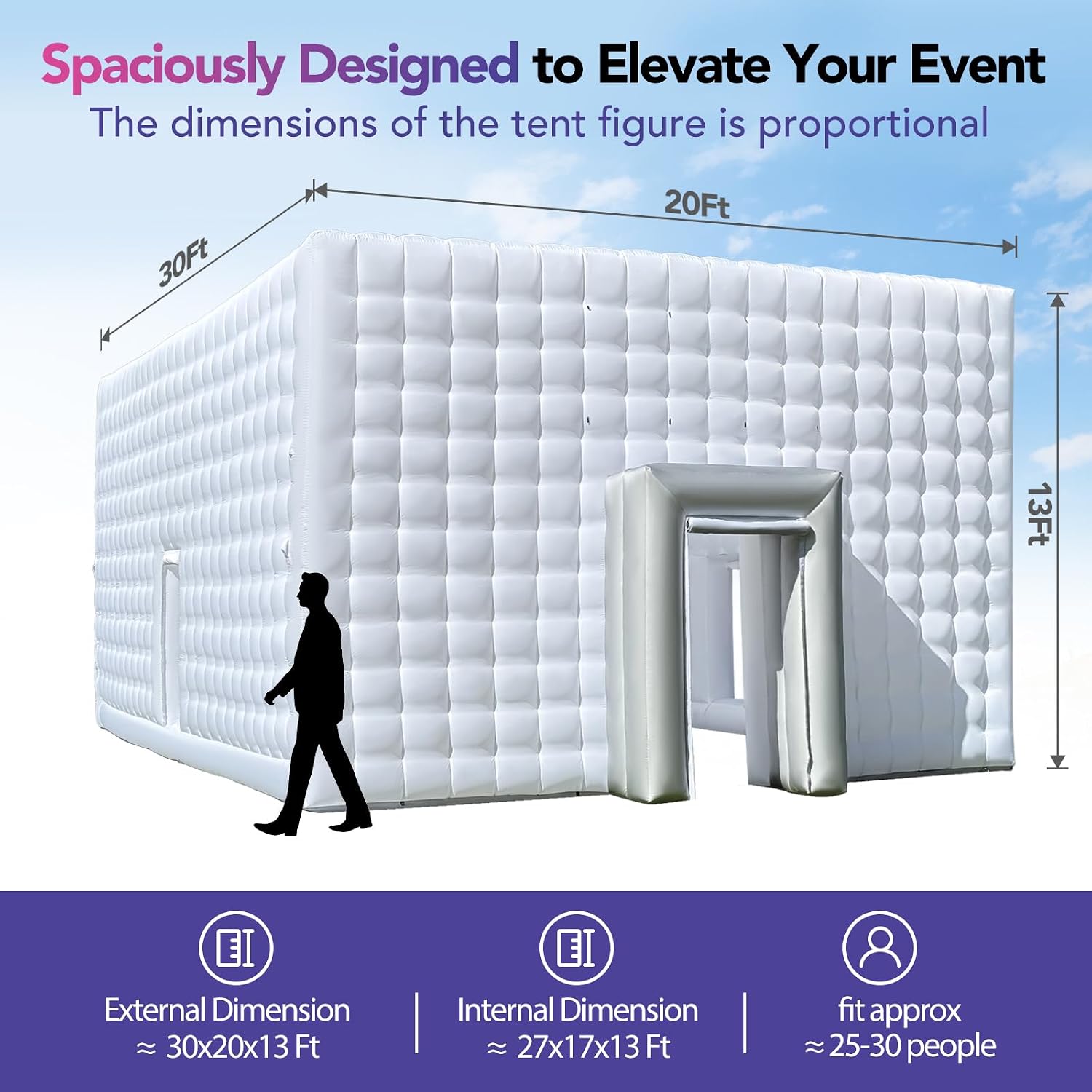 Giant 30x20x13' Inflatable Nightclub with Blower, Inflatable Outdoor Party Tent for Parties, Corporate Events, Festivals, and Special Gatherings - White