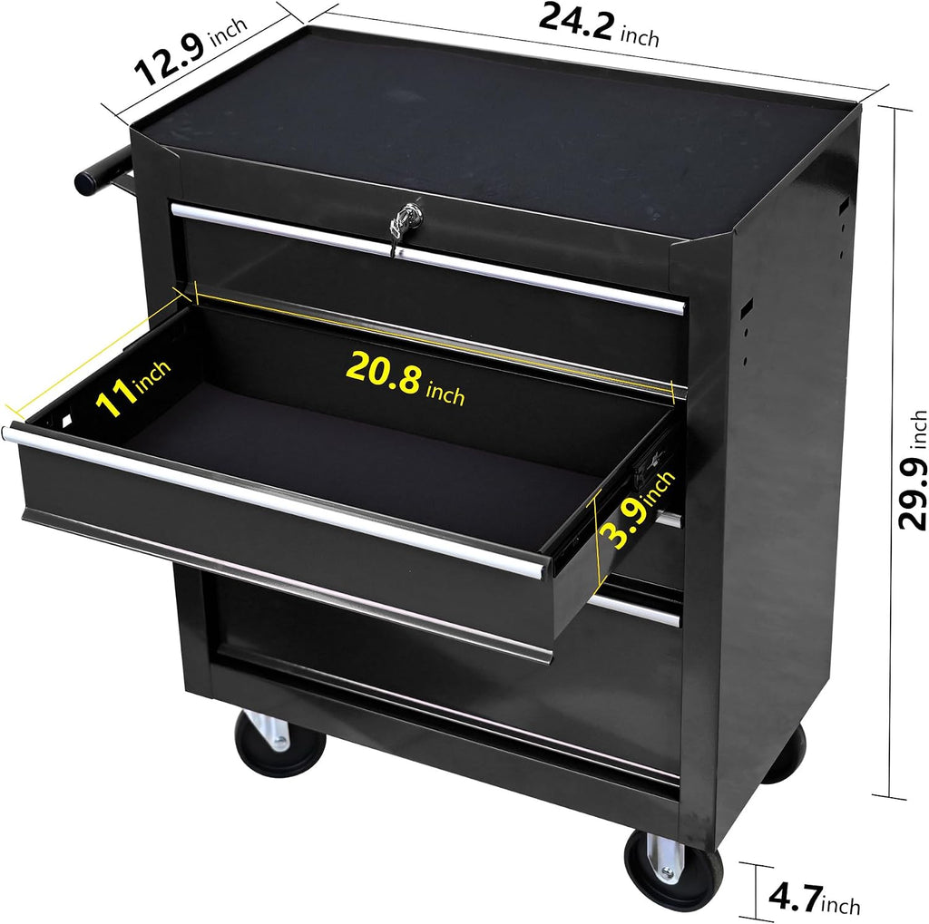 Campfun Rolling Tool Box, 4-Drawer Metal Tool Cart with Hanging Box, Storage Organizer Trolley with Interlock System, Multifunctional Mechanic for Garage, Warehouse, Workshop, Repair Shop, Black