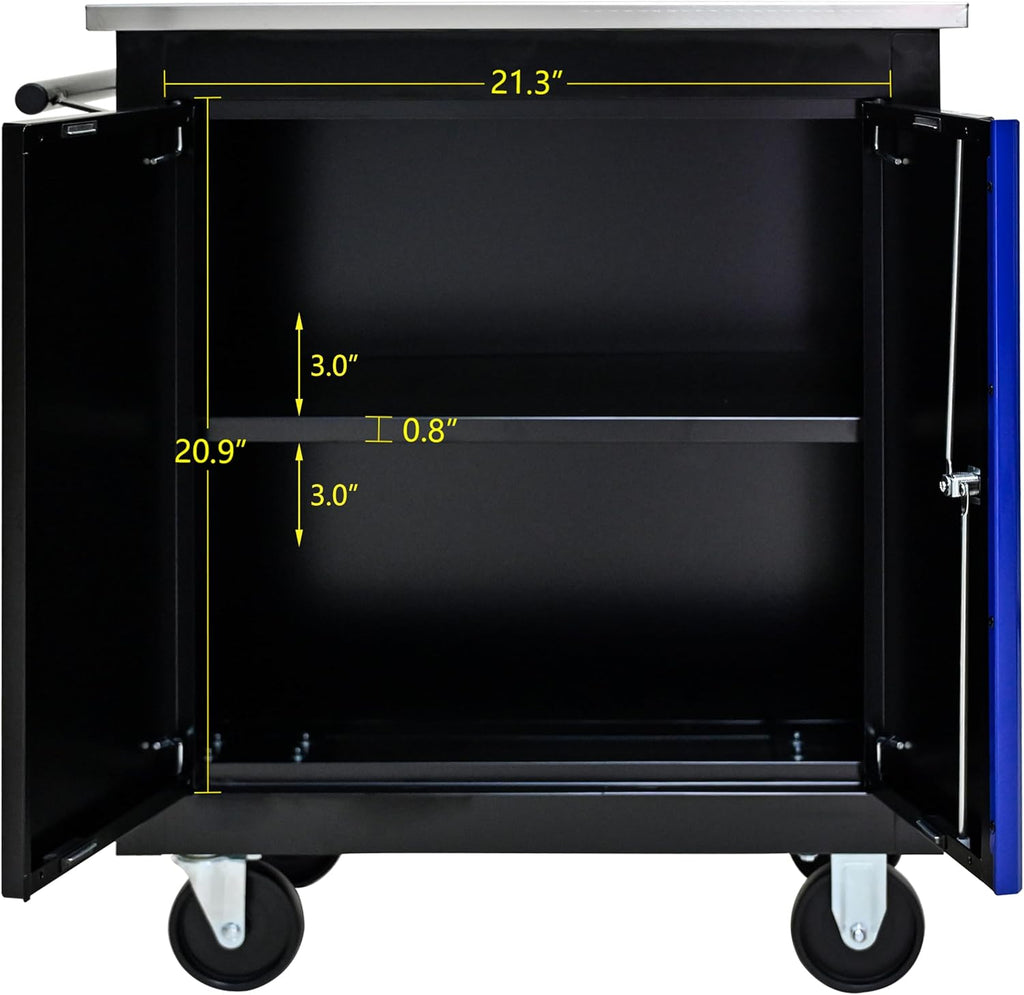 2-Door 2-Shelf Rolling Tool Chest with Stainless Steel Countertop,Tool Chest with Secure Locking System,Mobile Storage Tool Cabinet with 360°Wheels and Padded Feet,for Home,Garage(Black+Blue)