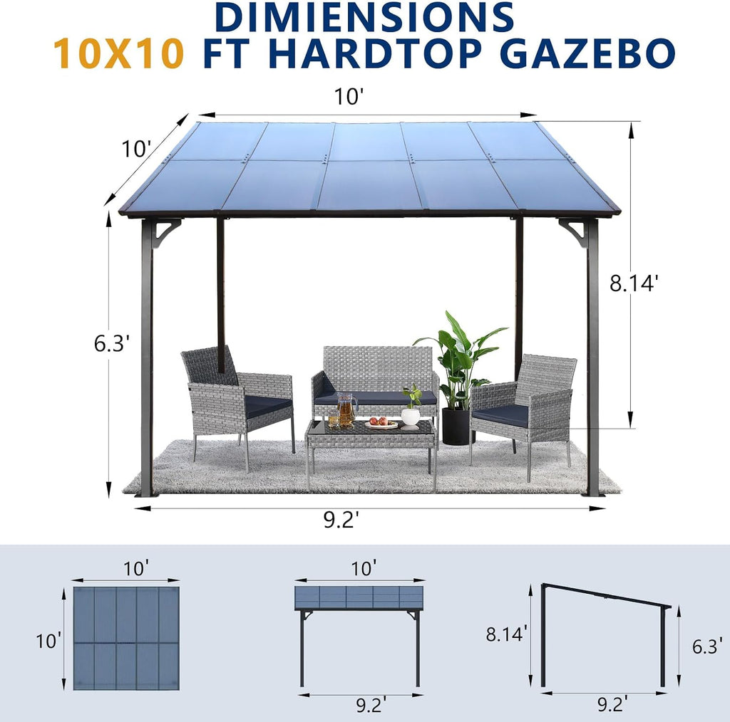 10' x 10' Premium Wall-Mounted Gazebo with Aluminum Frame & Polycarbonate Roof, Heavy Duty Outdoor Lean-to Pergola Awning for Patio, Backyard and Deck