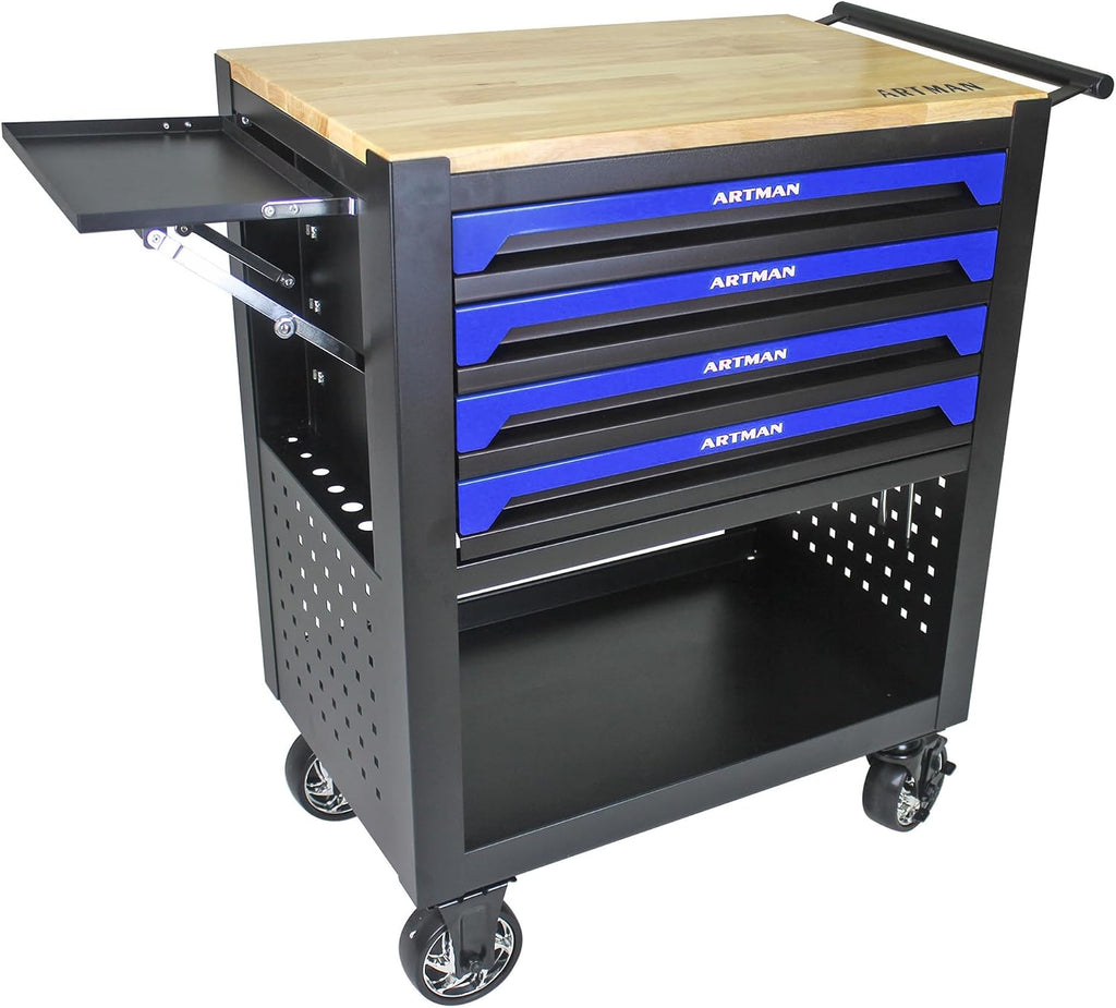 Campfun Tool Cart with 4 Drawers and Wheels, Mechanical Tool Workbench with Wooden Top for Storage in Garages, Workshops, and Repair Shops - Blue