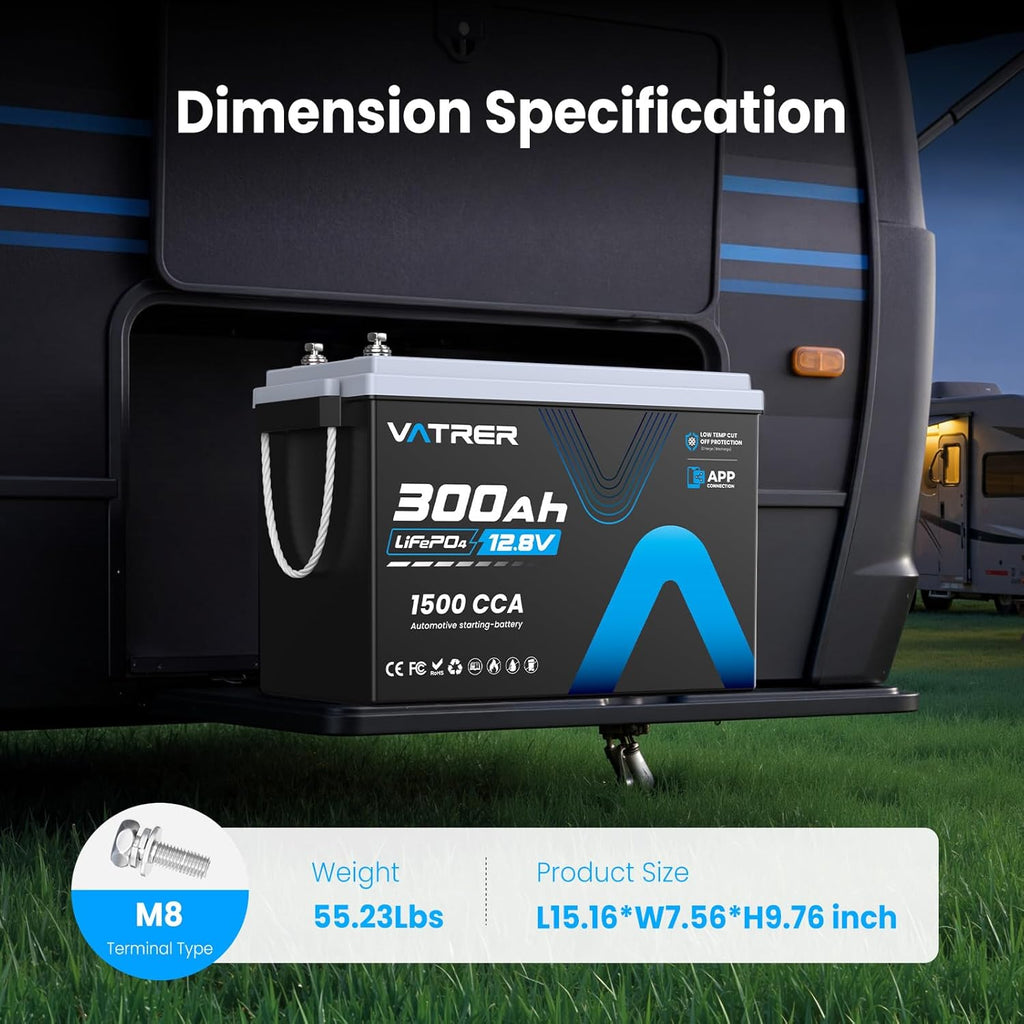 12V 300AH Low Temp Cutoff LiFePO4 Battery, Built in 200A BMS, Max 2560W Power Output, 5000+ Cycles Rechargeable Lithium Deep Cycle Battery, Perfect for RV/Camper, Backup Power, Solar and Off Grid