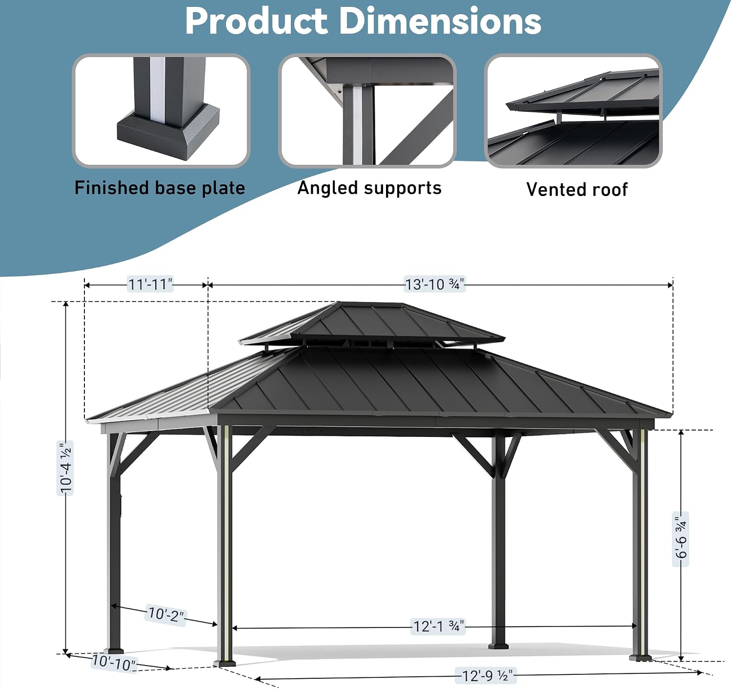 Big Leaf 12' x 14' Hardtop Gazebo with LED Strip Lights – Galvanized Steel Double Roof, USB and USB-C connectors, Mosquito Netting and Curtains – Outdoor Metal Gazebo for Decks and Backyards, Black