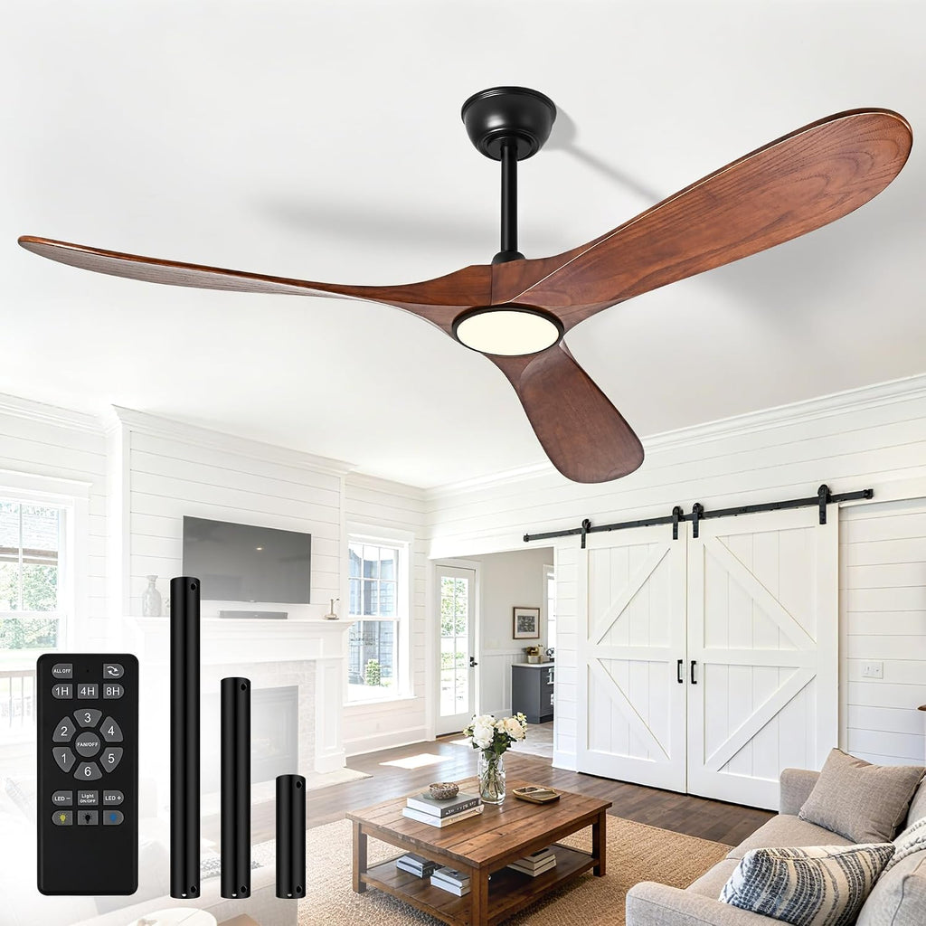 52 Inch Ceiling Fans with Lights and Remote, Wood Outdoor Ceiling Fan with 6 Speed Noiseless DC Motor, Indoor Modern 3 Blade Propeller Ceiling Fan for Bedroom Living Room Gazebo Patio(Walnut)