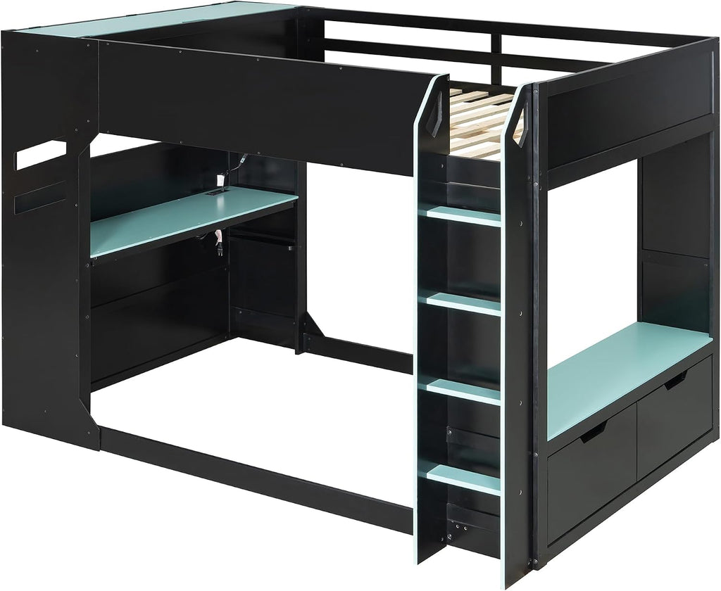 SOFTSEA Full Size Gaming Loft Bed with Desk, Storage Headboard, Drawers, Hanging Rod, USB Ports & LED Lights for Bedroom, No Box Spring Needed, Blue