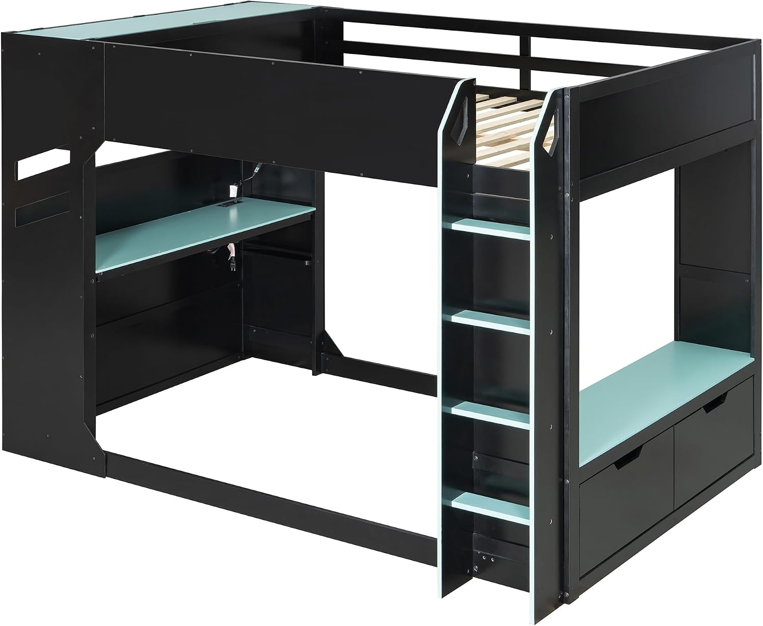 SOFTSEA Full Size Gaming Loft Bed with Desk, Storage Headboard, Drawers, Hanging Rod, USB Ports & LED Lights for Bedroom, No Box Spring Needed, Blue
