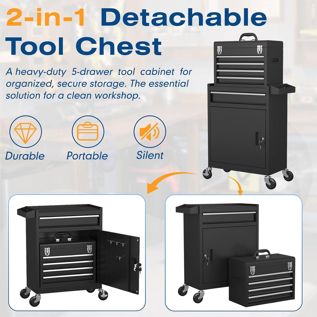5-Drawers Tool Chest, 2-in-1 Rolling Tool Box with Wheels and Drawers, Detachable Storage Toolbox with Lock, Heavy-Duty Metal Tool Cart for Garage, Workshop (Black)