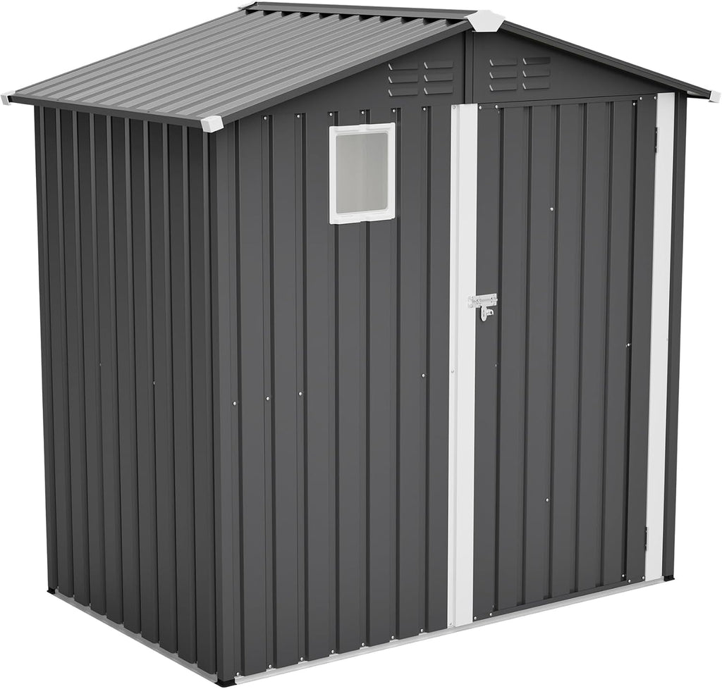 6x4 FT Shed Outdoor Storage Metal Large Garden Tool Sheds with Lockable Doors Gable Roof Window Waterproof Utility Equipment Sheds for Backyard Patio Lawn, Grey (No Floor Frame)