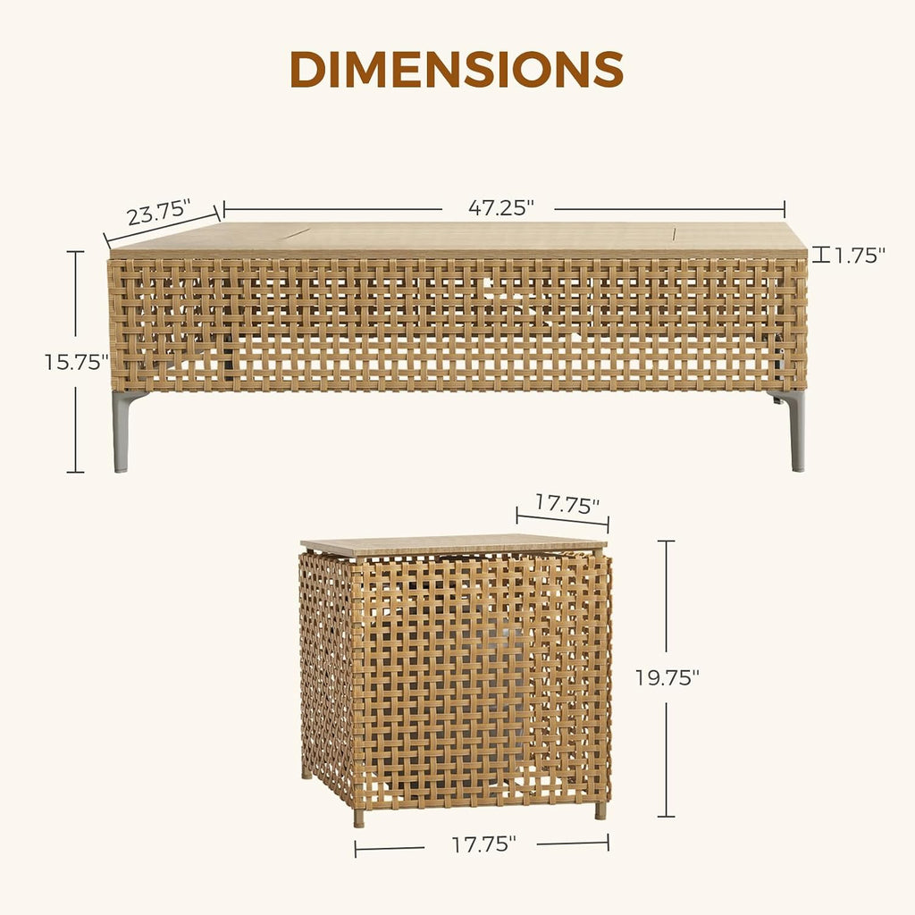 Grand patio 47inch Outdoor Wicker Propane Fire Pit 50,000 BTU Rectangle Gas Fire Pit Table with Propane Tank Storage Box, Woodgrain Tabletop, Lid, Lava Rock for Garden/Patio, CSA Certification