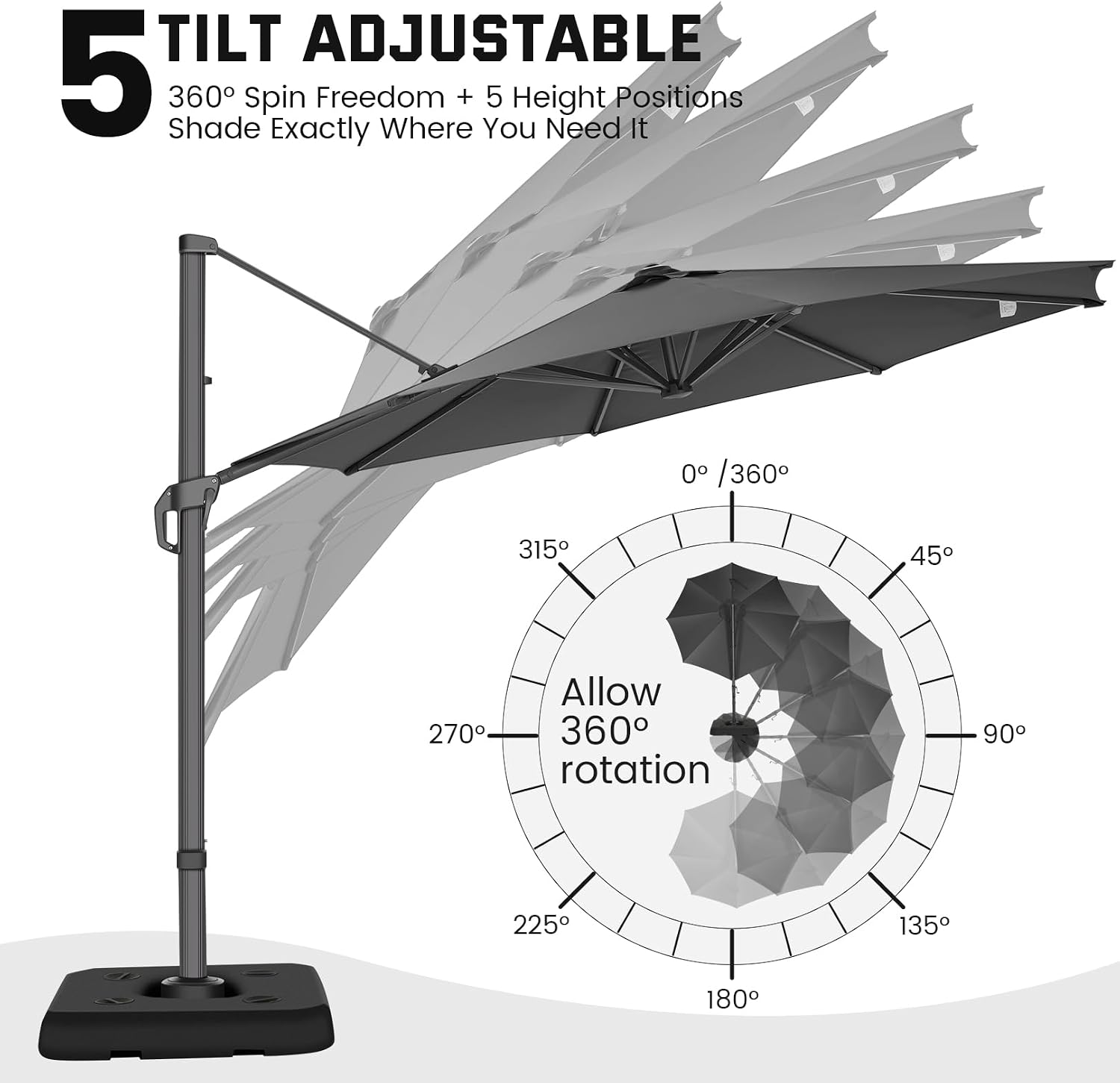 Hoteel 10ft Patio Umbrella Heavy Duty Aluminum Windproof & Shade Provision Outdoor Cantilever Round Offset Large Umbrella Height Adjustable with 360°Rotation for Patio Pool Deck Gazebo, Gray