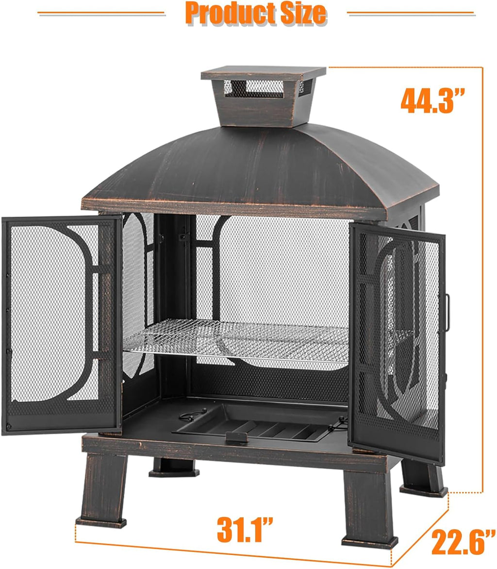 Panovue 45' H×31''W Metal Chiminea Fire Pit with Grill, Wood Burning Fire Pits for Outside,Square Chimineas Fireplace with Mesh Spark Screen Door& Fire Poker for Garden,Yard,BBQ,Bonfire (Black&Gold)