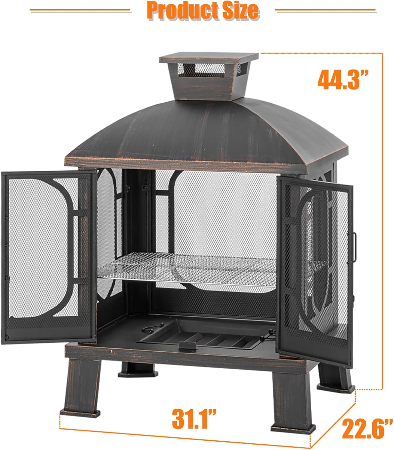 Panovue 45' H×31''W Metal Chiminea Fire Pit with Grill, Wood Burning Fire Pits for Outside,Square Chimineas Fireplace with Mesh Spark Screen Door& Fire Poker for Garden,Yard,BBQ,Bonfire (Black&Gold)