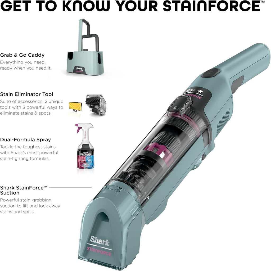 Shark StainForce Cordless Portable Spot, Stain, & Odor Remover System for Carpets, Area Rugs, Upholstery, Stairs, with Storage Caddy, Accessories, and Full-Size Cleaning Solution, Sage Green, HX101