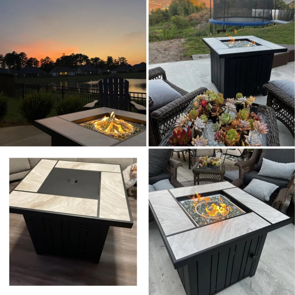 OutVue 30' Propane Fire Pit with Real Ceramic Tabletop, 50000 BTU Gas Firepit Table with Lid & Glass Rock, Outdoor Fire Pit for Dining or Party, Firepit for Outside, Patio, Garden, Yard