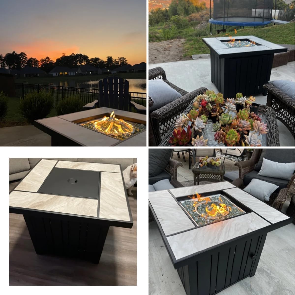 OutVue 30' Propane Fire Pit with Real Ceramic Tabletop, 50000 BTU Gas Firepit Table with Lid & Glass Rock, Outdoor Fire Pit for Dining or Party, Firepit for Outside, Patio, Garden, Yard