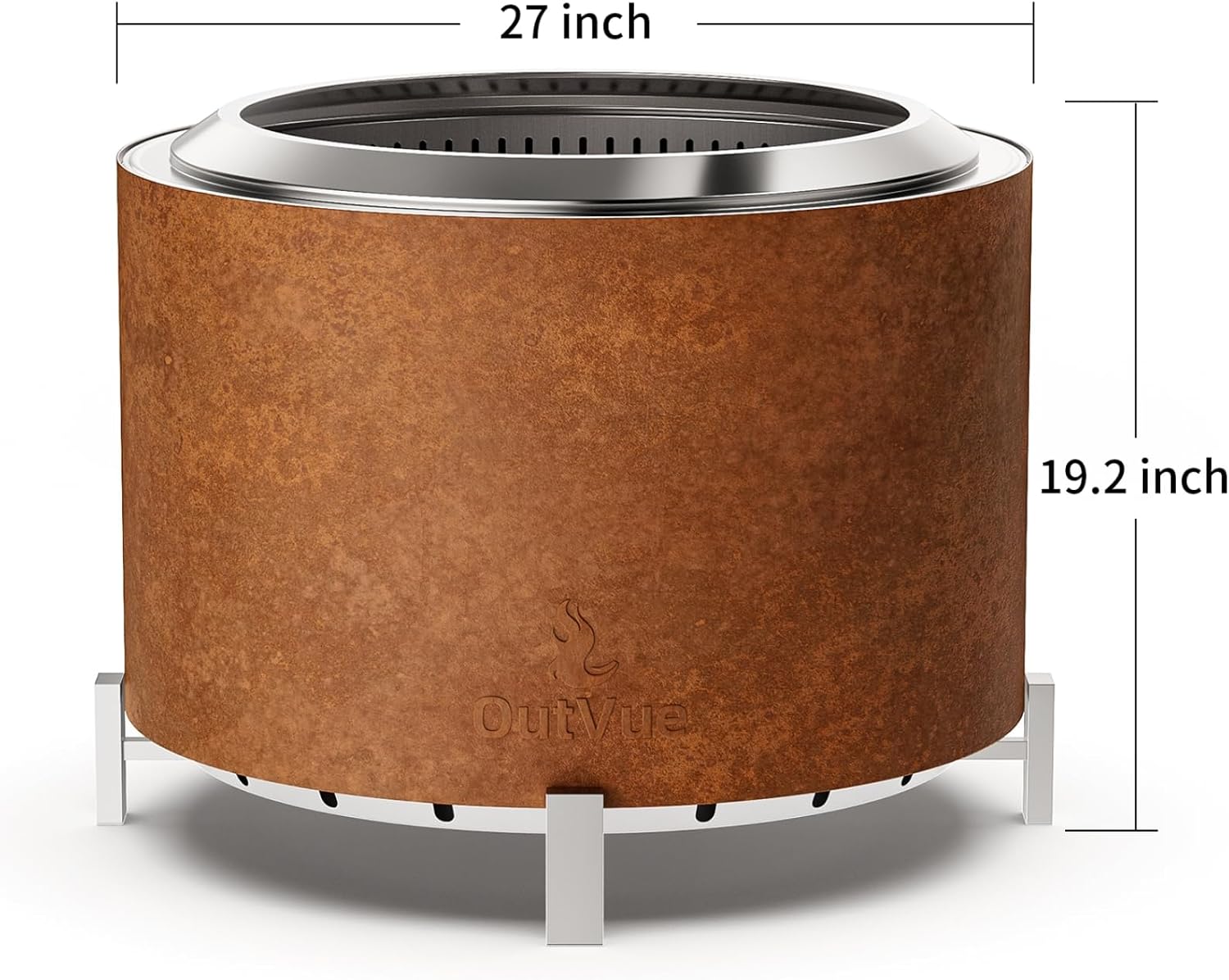 OutVue Stainless Steel Smokeless Fire Pit, Outdoor Smokeless Firepit, Wood Burning Fire Pits for Bonfire, Patio, Camping, Low Smoke Firepit for Outside (Rusty, 27 Inch)