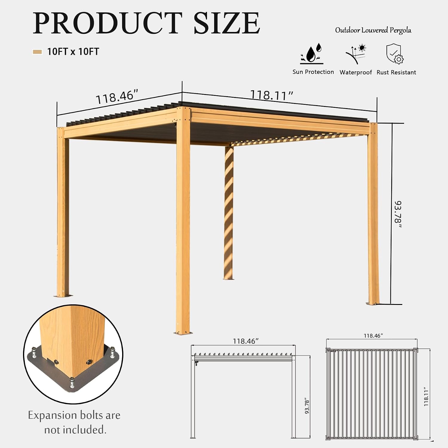 Domi Louvered Pergola 10x10FT, Outdoor Wood Grain Pergola Aluminum Frame with Adjustable Rainproof Metal Roof, Permanent Sun Shade with Drainage System for Deck Garden Yard