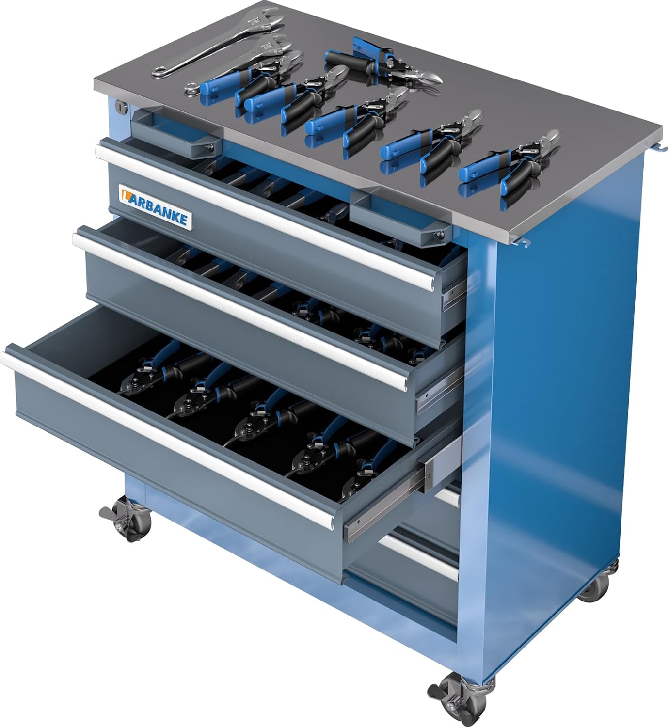 LARBANKE 5-Drawer Tool Chest, Rolling Tool Chest with Wheels, Foot Pads&Locking System,Mobile Storage Tool Cabinet with Stainless Steel Top,Connect Units for A Large Workstation for Office,Garage&Home