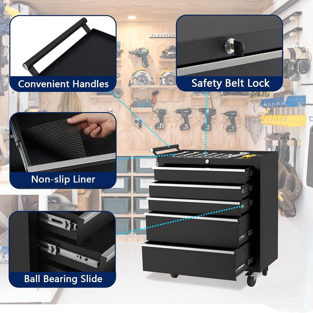 Tool Chest with Wheels, 4 Drawer Rolling Tool Storage Cabinet Cart, Portable Toolbox Organizer with Locking System, Drawer Liners for Garage, Workshop, Shop, Mechanic, Black