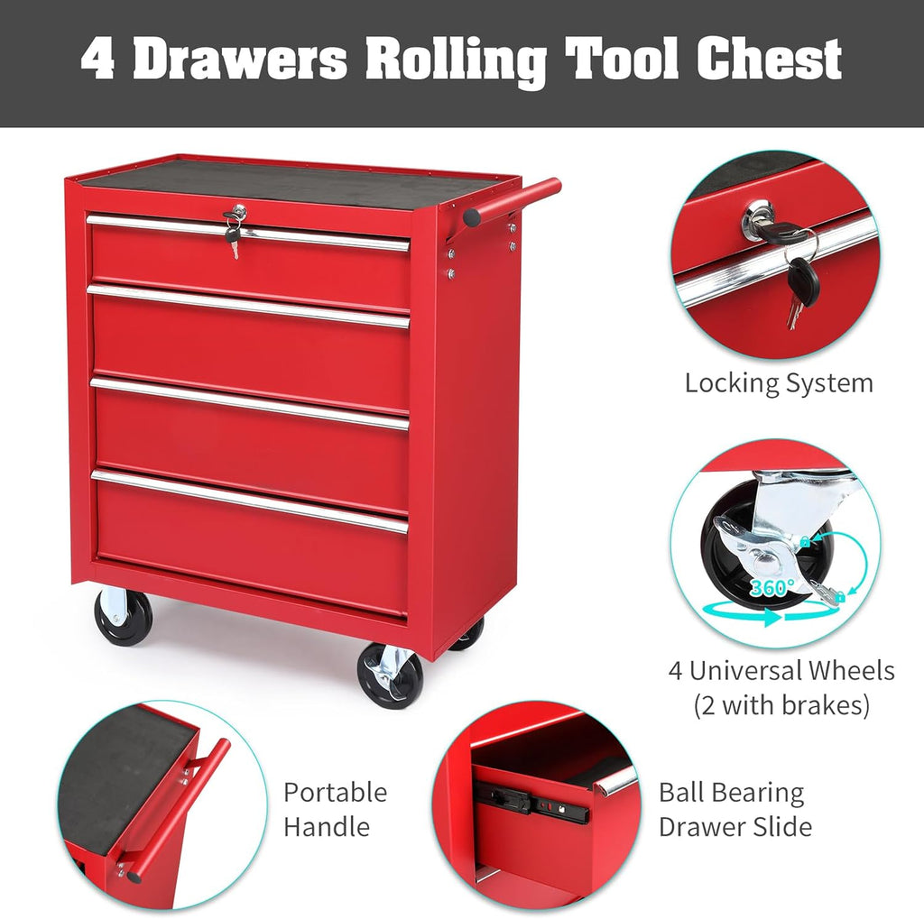 Winado 9-Drawer Rolling Tool Chest with Wheels & Lock & Key, Tool Box with Large Storage Cabinet, Removable Portable Top Box for Garage, Warehouse, Repair Shop & Home, (Red)